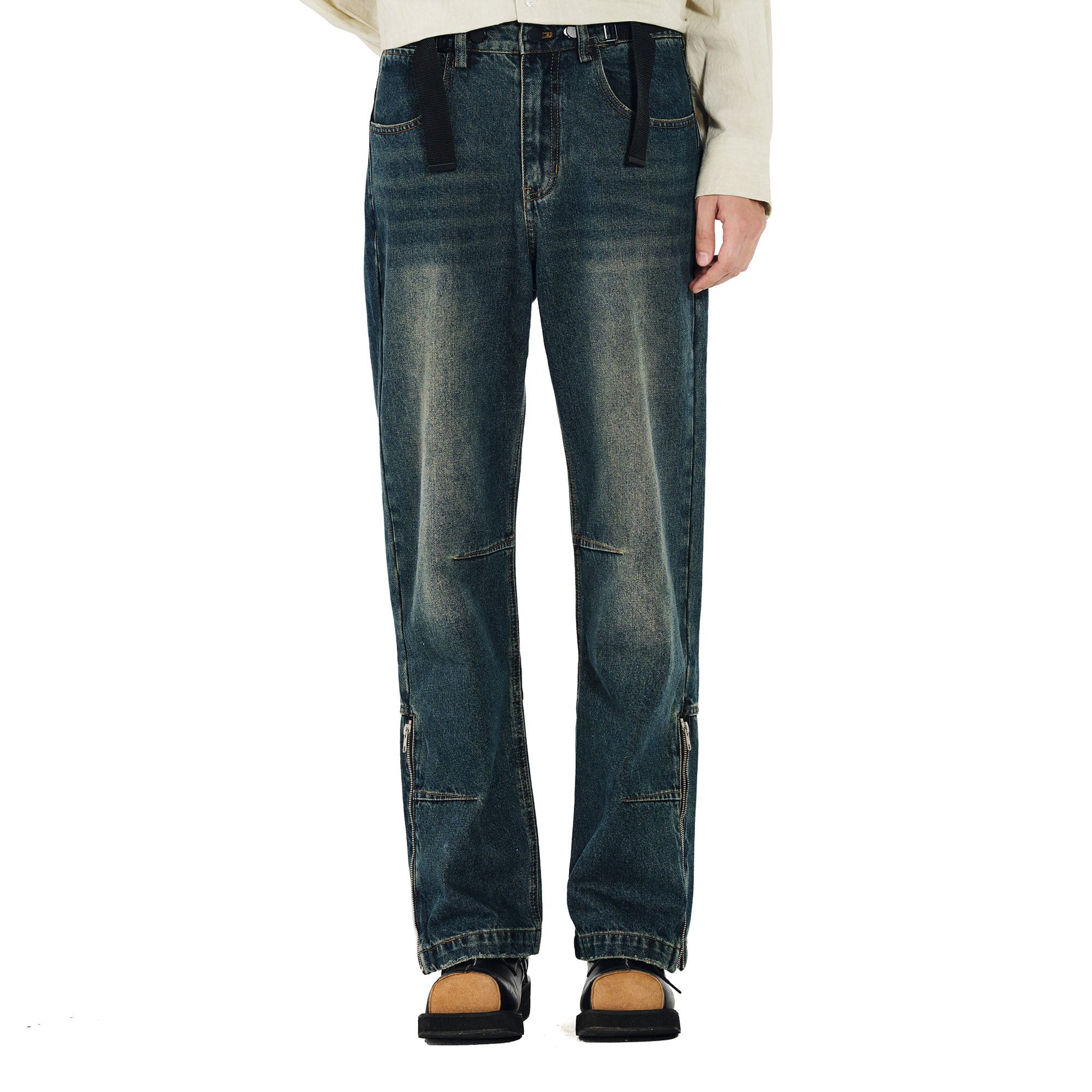 OVERLAPS Washed Knee-Seam Zippered Hem Jeans-Shorts-S-Free Shipping Leatheretro