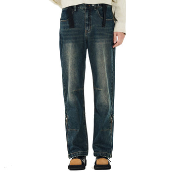 OVERLAPS Washed Knee-Seam Zippered Hem Jeans-Shorts-S-Free Shipping Leatheretro