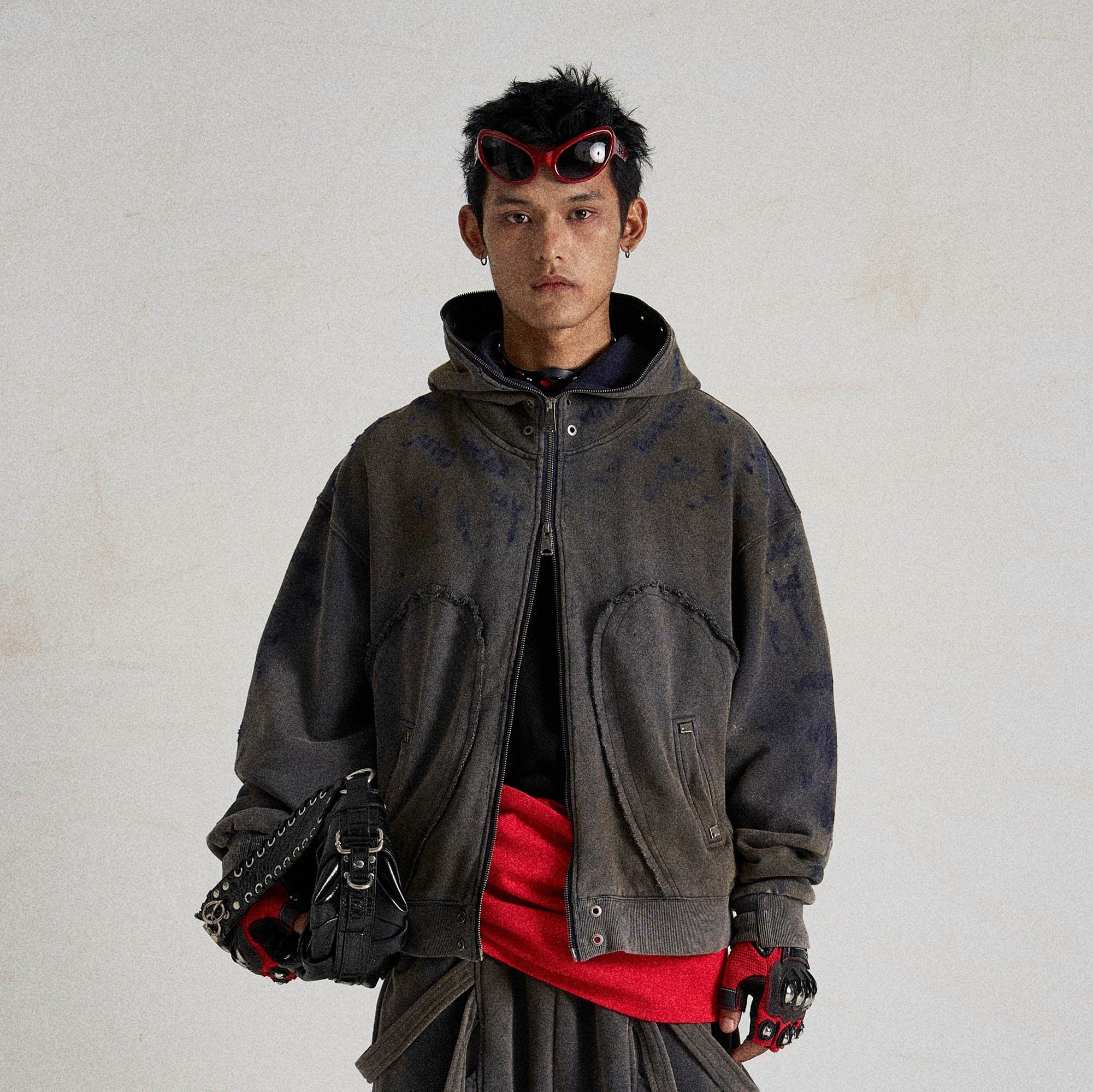 FLYERRER Distressed Patchwork Zip-up Hoodie-Jacket-S-Free Shipping Leatheretro