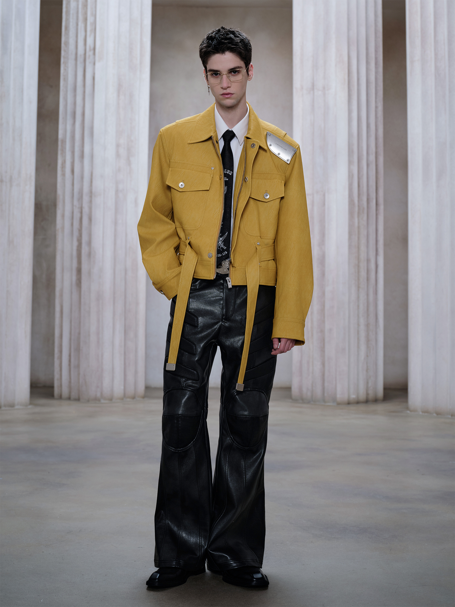 FACEONLAB Metal Epaulettes Belted Faux Leather Jacket Yellow-Jacket-M (Preorder)-Free Shipping Leatheretro