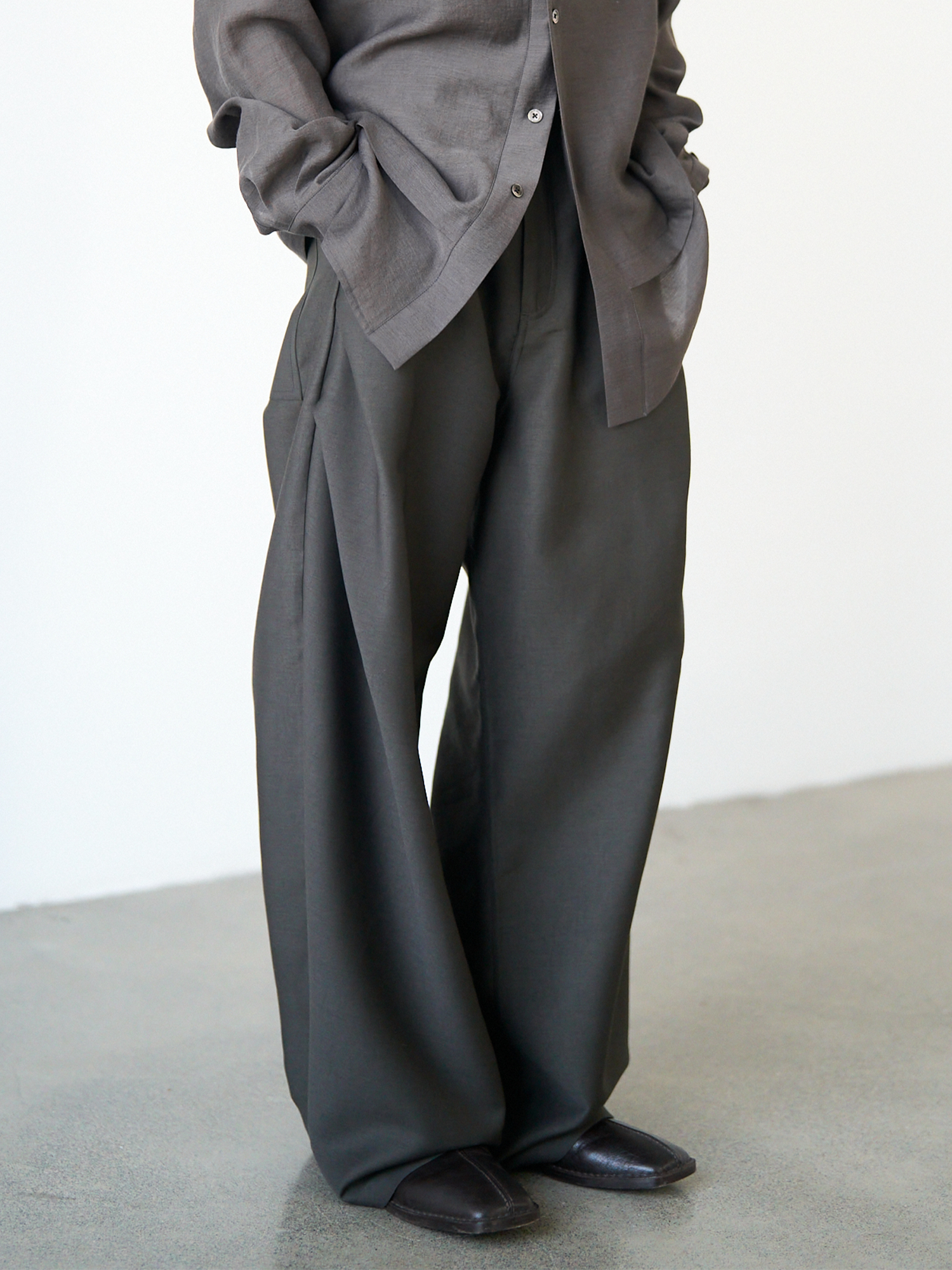 GRAINMUSTARD Lustrous Pleated Wool-Blend Wide-Leg Trousers-Pants-XS-Free Shipping Leatheretro