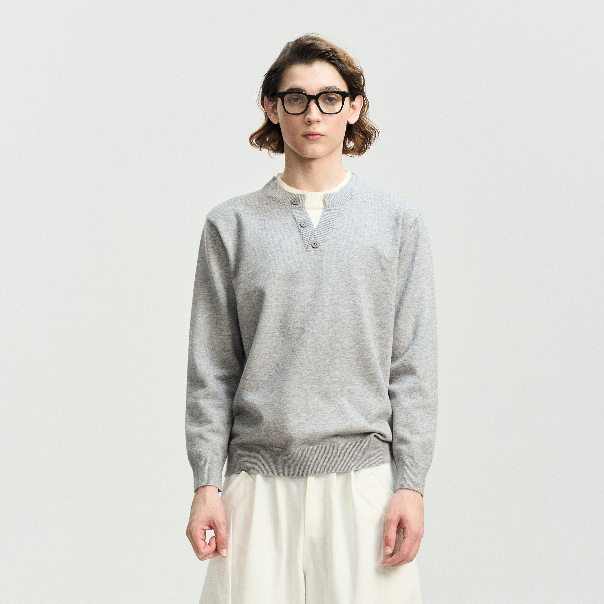 LEONSENSE Faux-Layered Henley Sweater-Sweater-S (Preorder)-Gray-Free Shipping Leatheretro