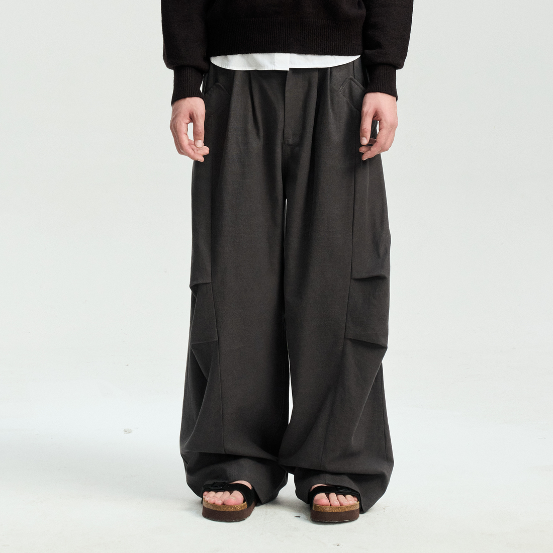 LEONSENSE Modern Curved Paneled Tencel-Cotton Pants-Pants-S-Dark Gray-Free Shipping Leatheretro