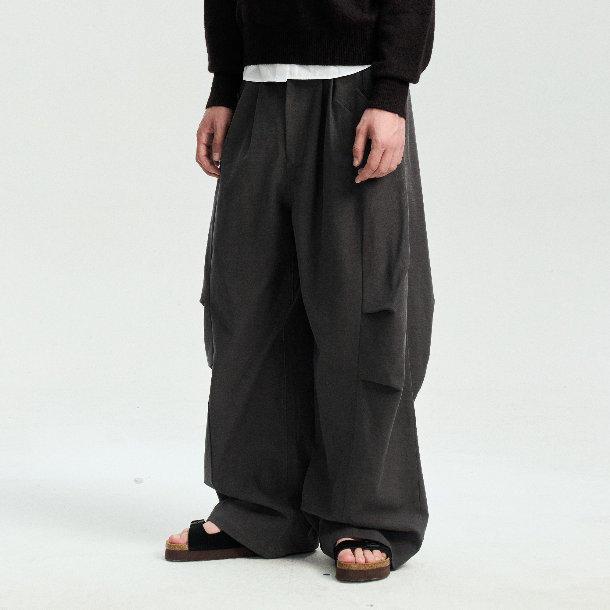 LEONSENSE Modern Curved Paneled Tencel-Cotton Pants-Pants-S-Dark Gray-Free Shipping Leatheretro