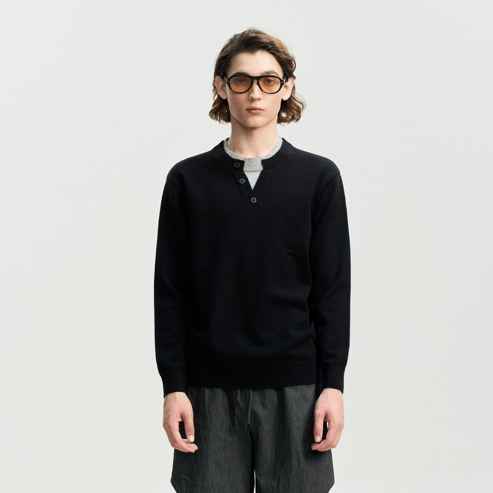 LEONSENSE Faux-Layered Henley Sweater-Sweater-S (Preorder)-Black-Free Shipping Leatheretro