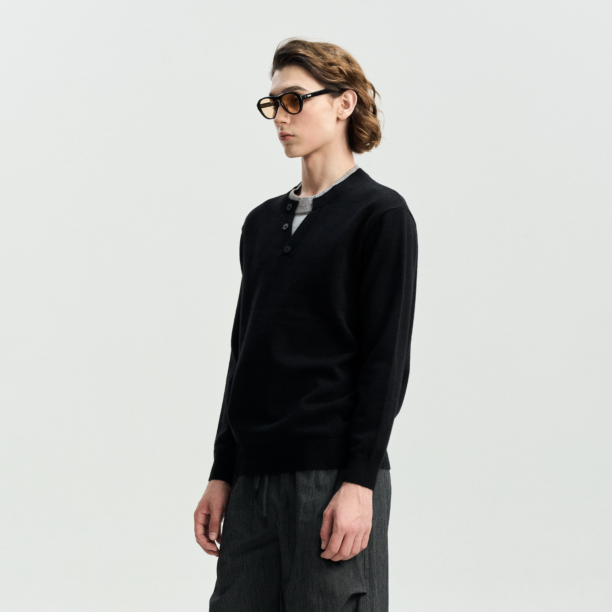LEONSENSE Faux-Layered Henley Sweater-Sweater-S (Preorder)-Black-Free Shipping Leatheretro