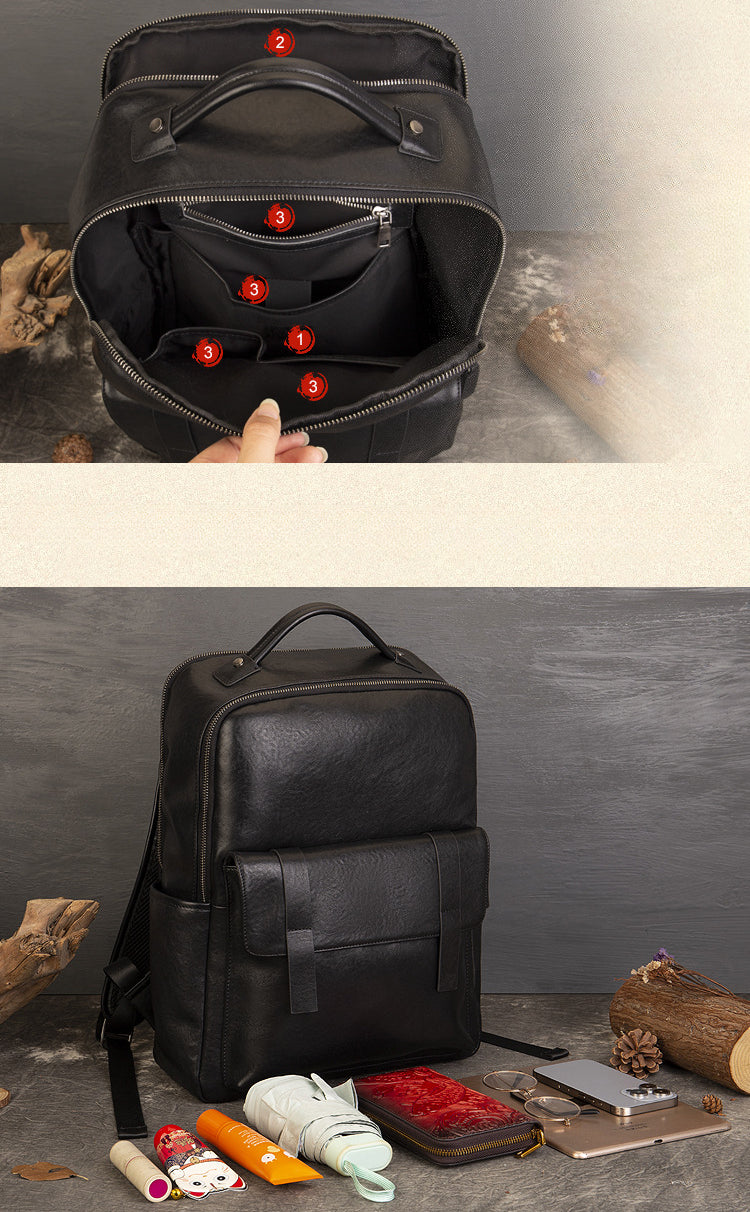 Genuine Vege-Tanned Leather Men's Backpack-Backpack-Black-Free Shipping Leatheretro