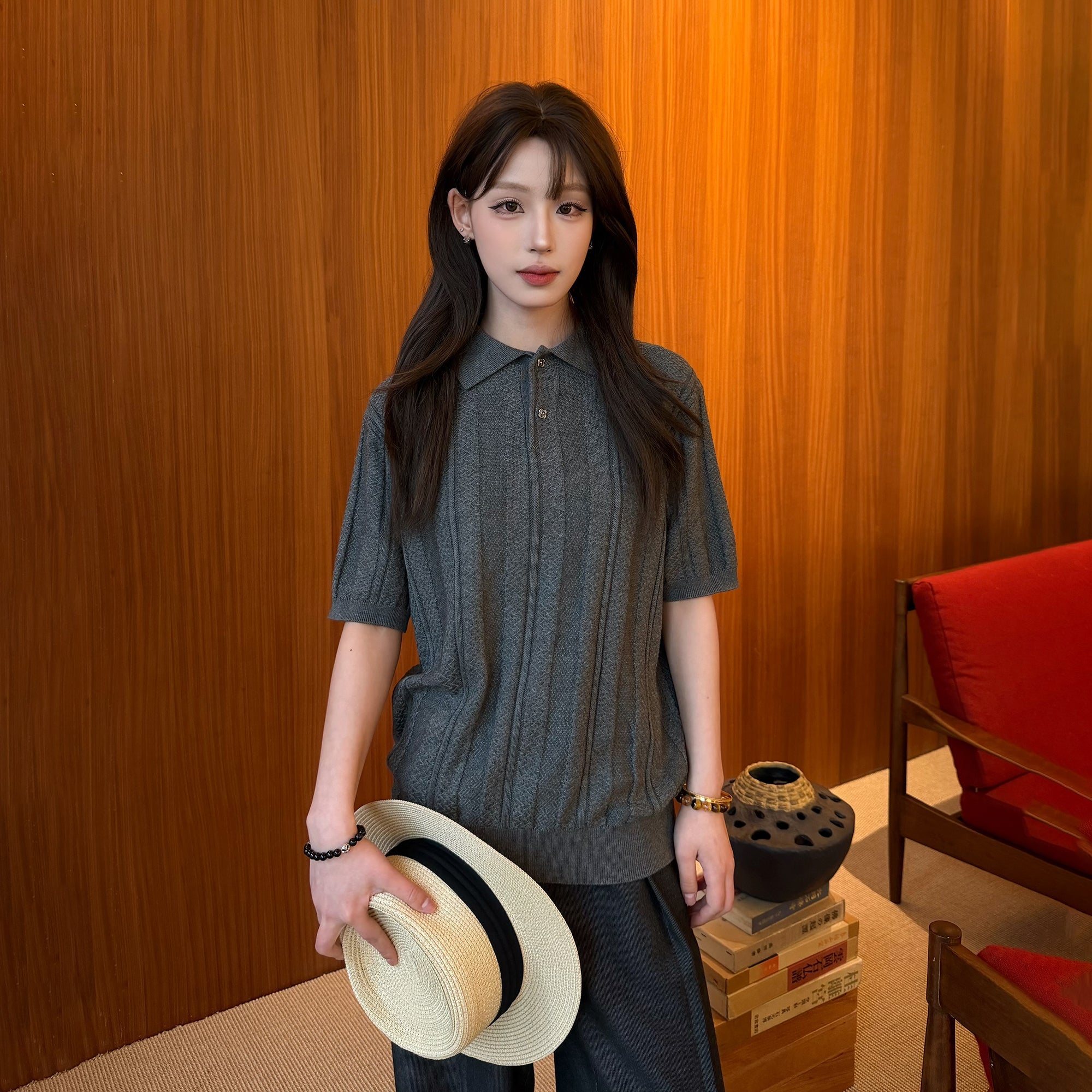 KREATE Retro Jacquard Knit Polo-T Shirt-S (Preorder)-Gray-Free Shipping Leatheretro