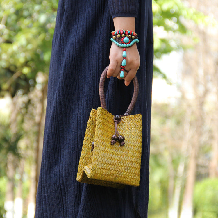 Handwoven Straw Tote Bag Mini Beach Bag for Vacation, Summer, and Resort Wear-Handbags-C011 coffee red-Free Shipping Leatheretro