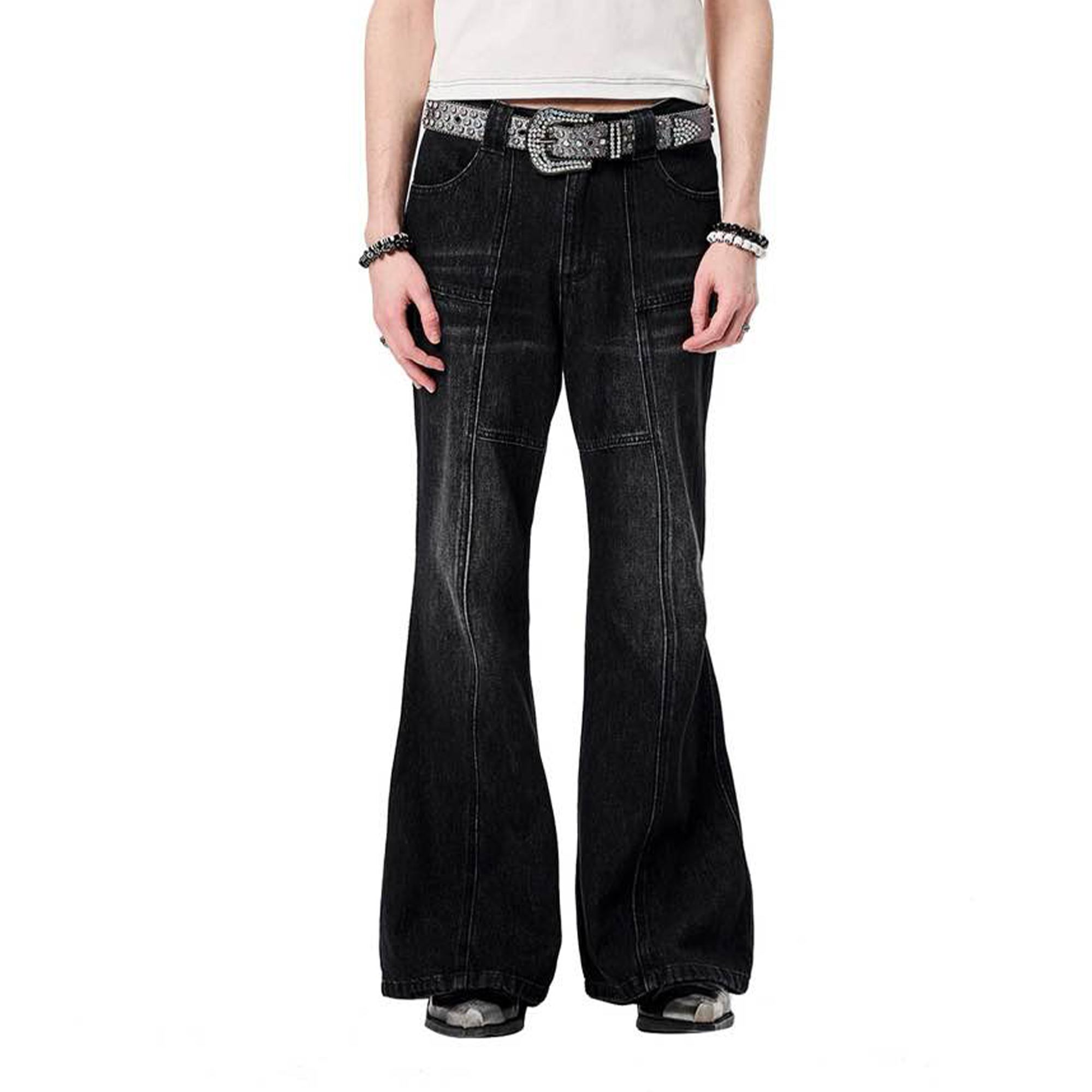 ERISSTOFF Washed Lace-Up Flared Jeans-Jeans-XS / 28"-Free Shipping Leatheretro