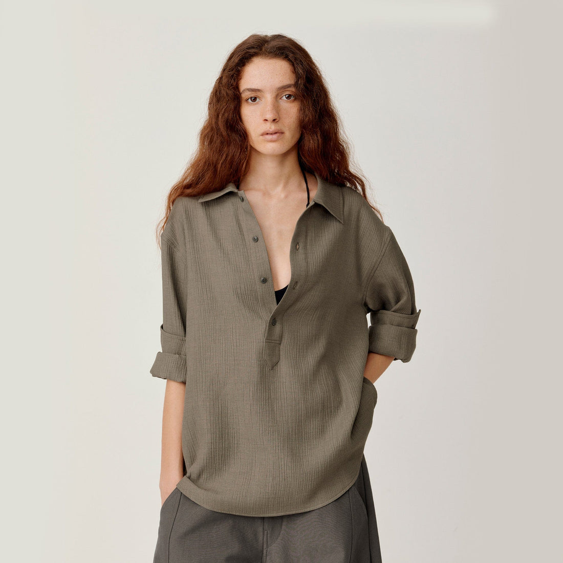 OPICLOTH Essential Crinkled Pullover-Shirt-S-Beige-Free Shipping Leatheretro