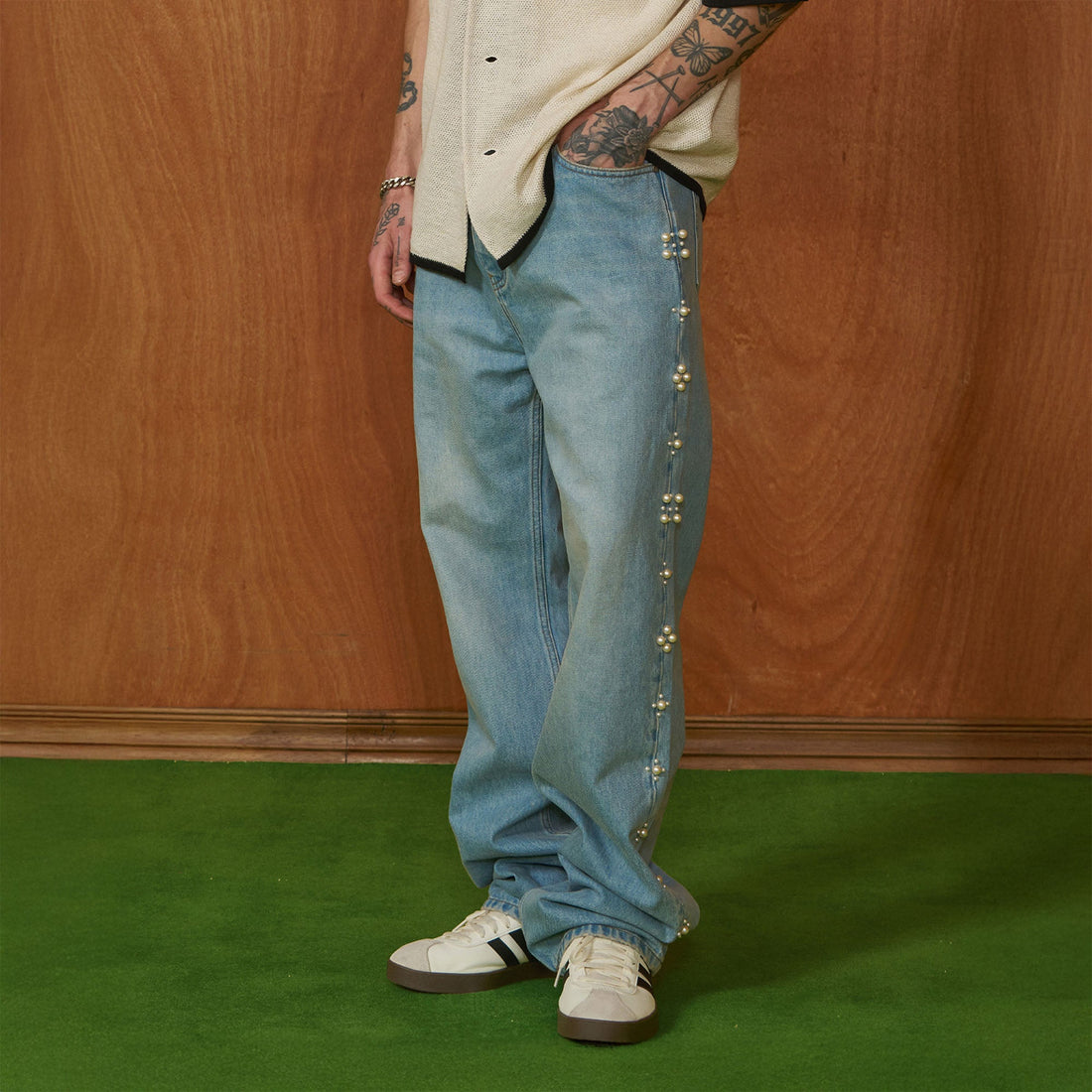 PMW Pearl-Embellished Washed Straight-Leg Jeans-Jeans-S-Free Shipping Leatheretro