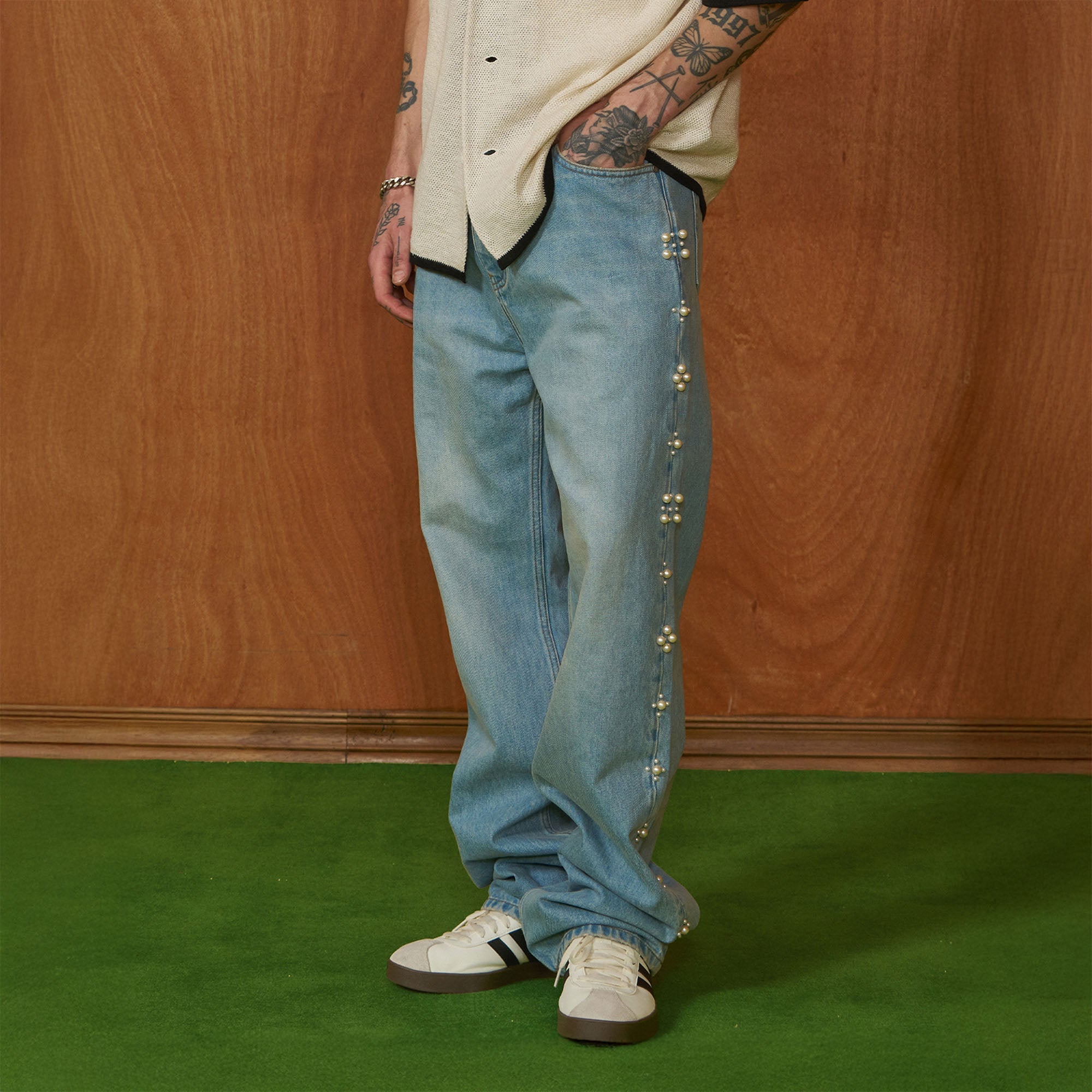 PMW Pearl-Embellished Washed Straight-Leg Jeans-Jeans-S-Free Shipping Leatheretro