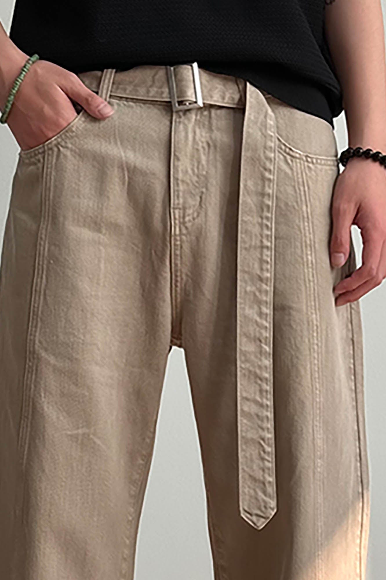 KREATE Belted-Waist Spliced Wide-Leg Pants-Pants-S-Khaki-Free Shipping Leatheretro