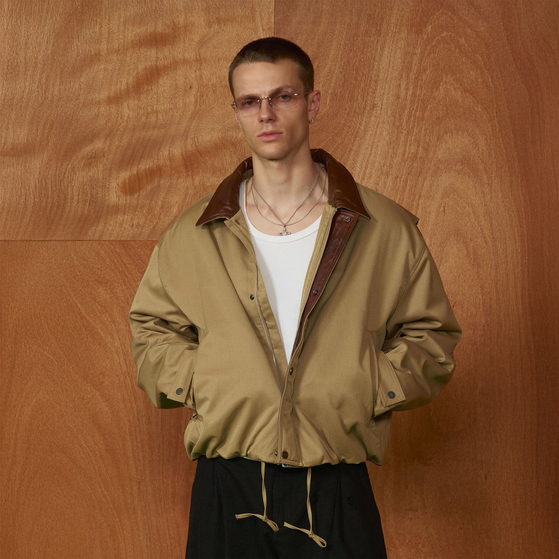 PMW Contrast Leather Collar Bomber Jacket-Jacket-S-Free Shipping Leatheretro