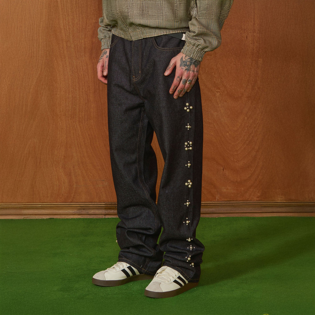 PMW Pearl-Embellished Raw Jeans-Jeans-S-Free Shipping Leatheretro