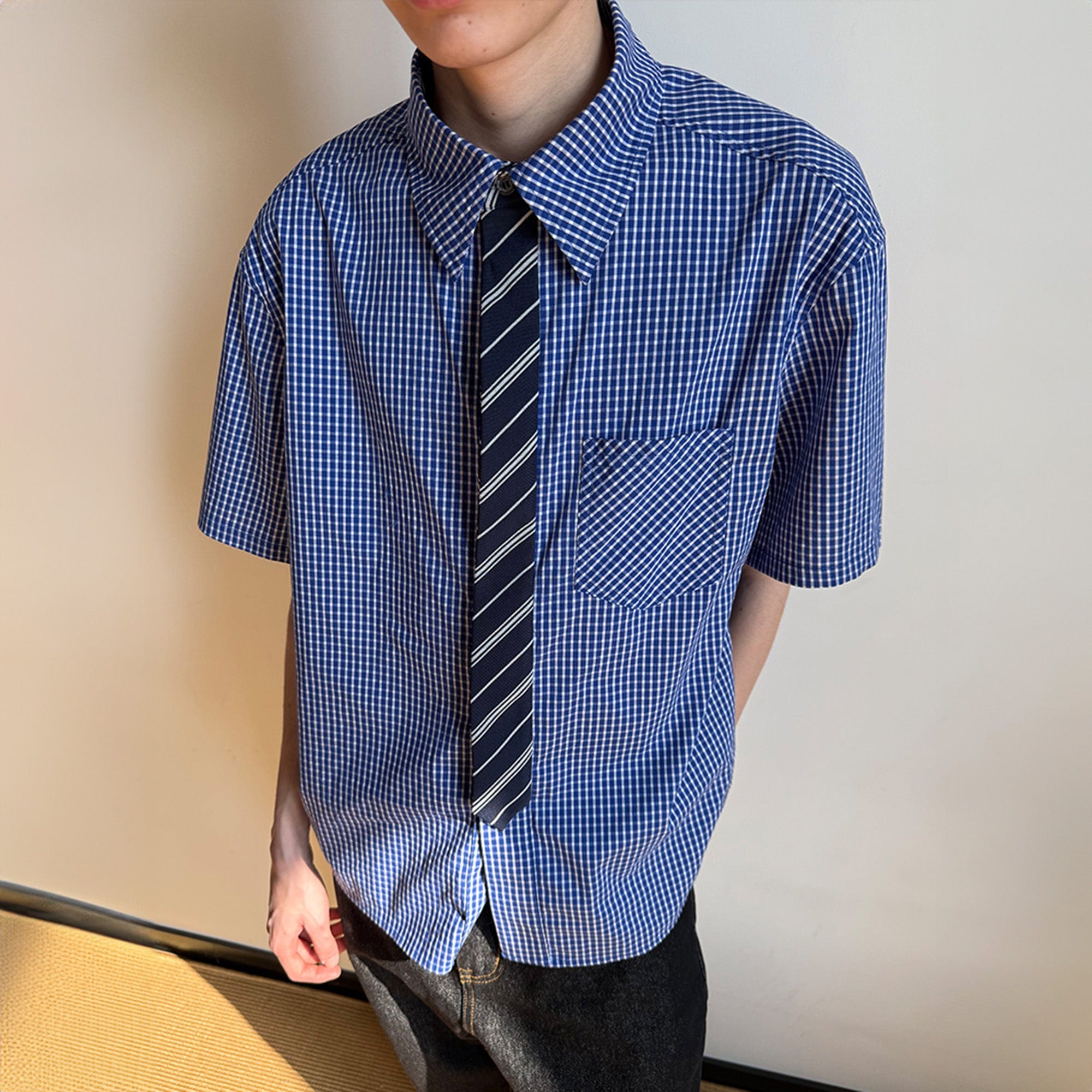 KREATE Preppy Half-Sleeve Shirt with Tie-Shirt-S-Blue-Free Shipping Leatheretro