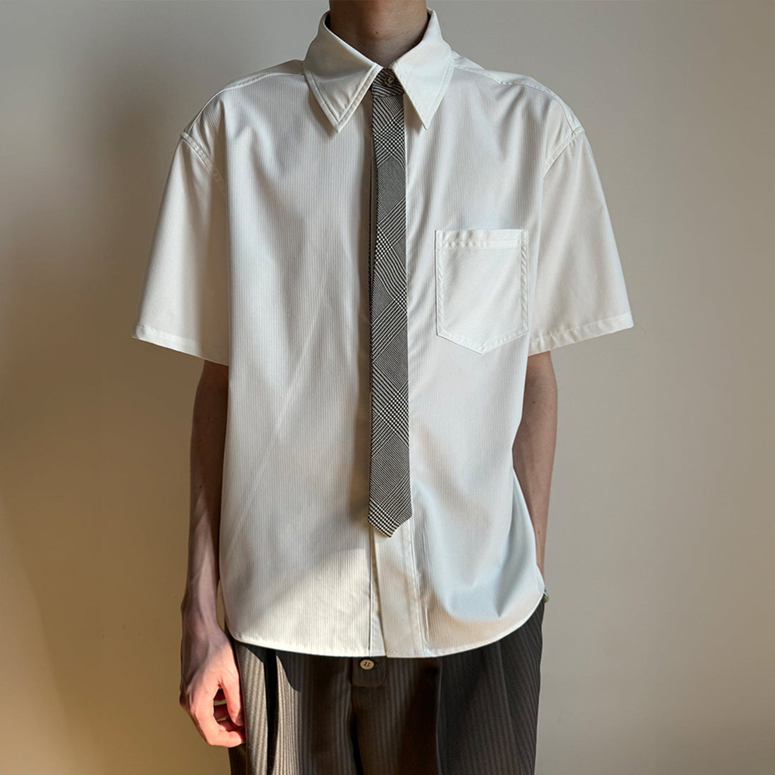 KREATE Preppy Half-Sleeve Shirt with Tie-Shirt-S-Blue-Free Shipping Leatheretro