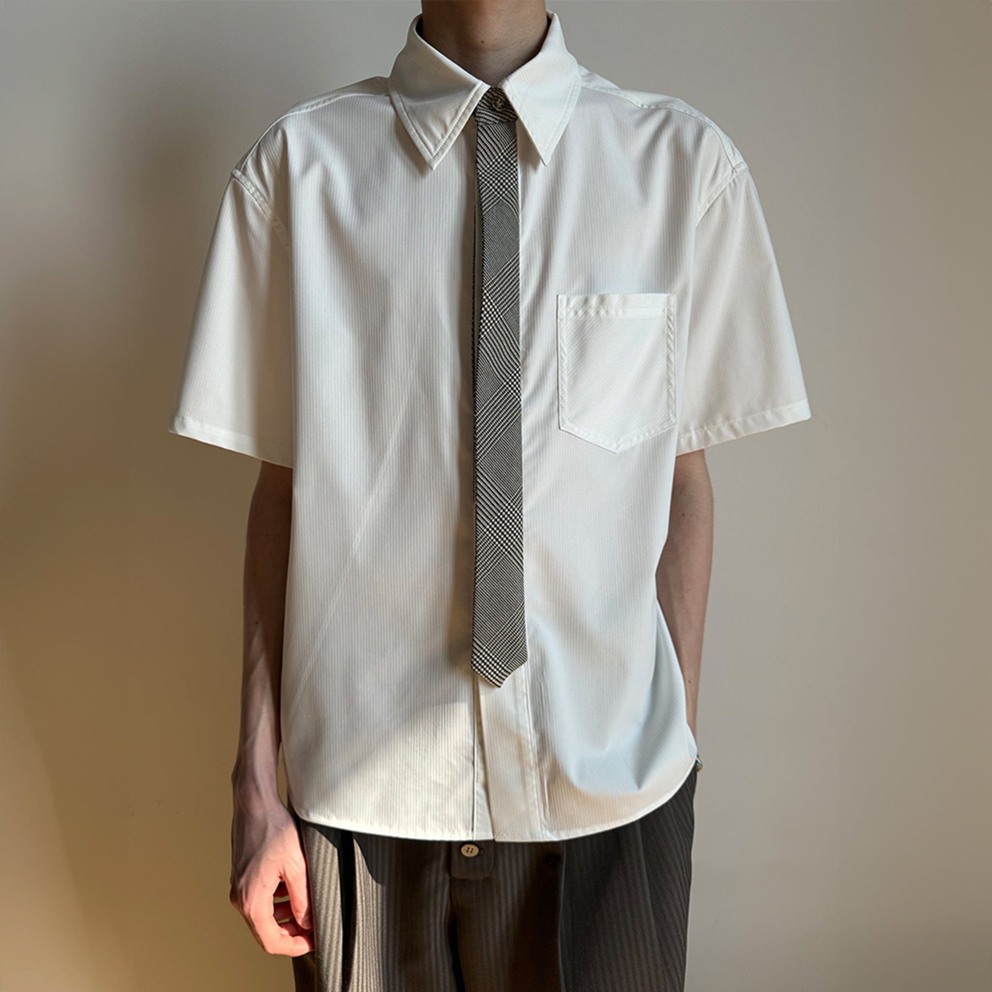 KREATE Preppy Half-Sleeve Shirt with Tie-Shirt-S-White-Free Shipping Leatheretro