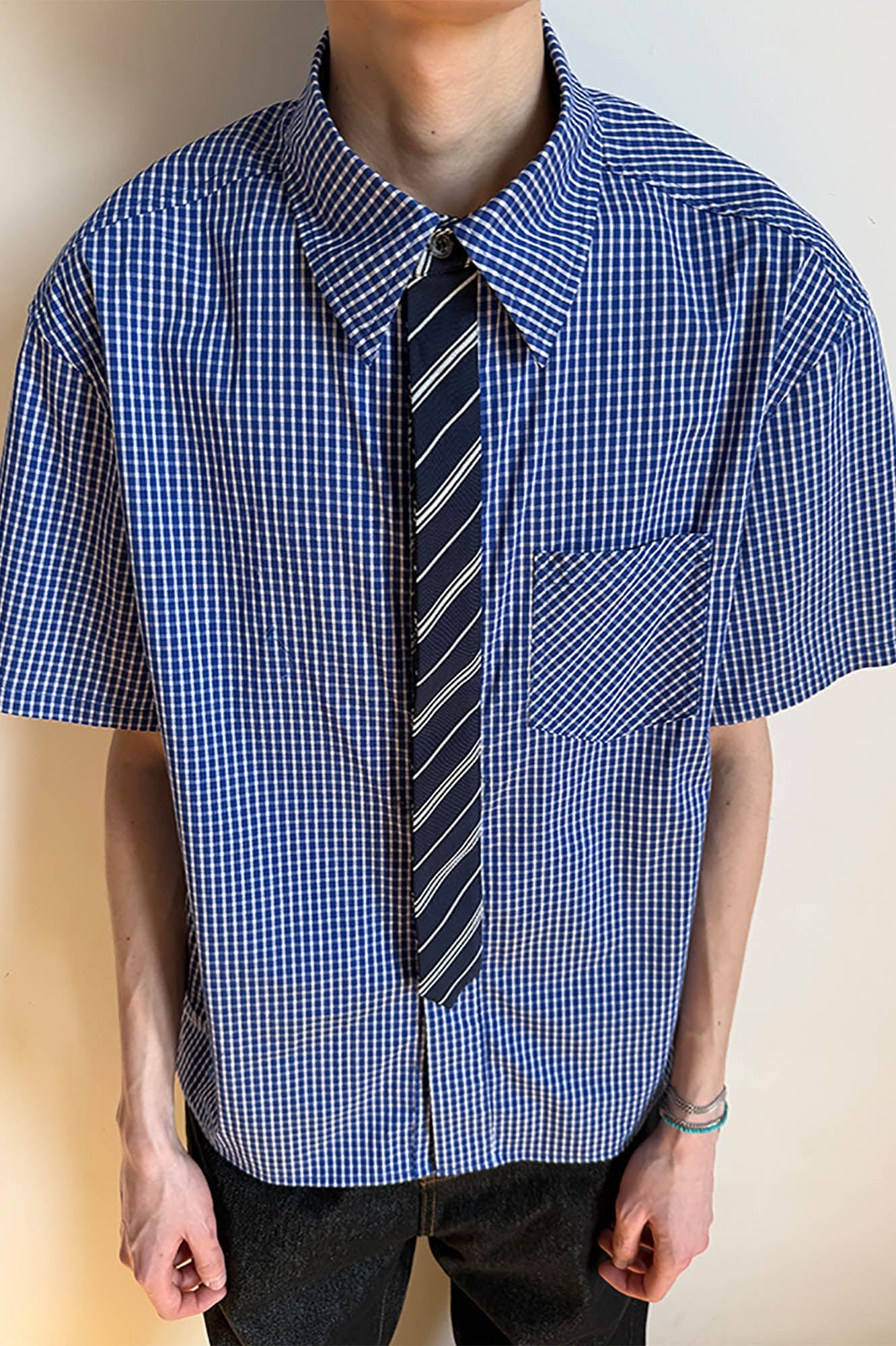 KREATE Preppy Half-Sleeve Shirt with Tie-Shirt-S-Blue-Free Shipping Leatheretro