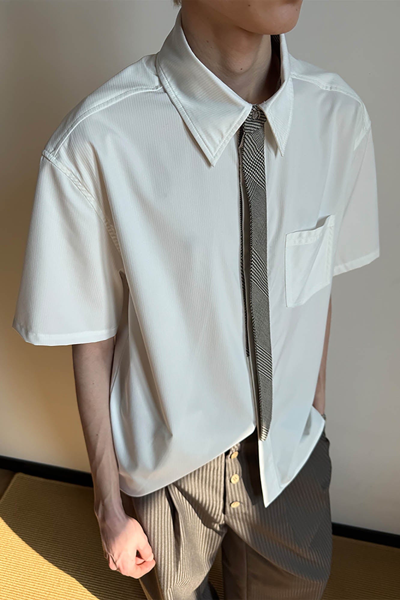 KREATE Preppy Half-Sleeve Shirt with Tie-Shirt-S-Blue-Free Shipping Leatheretro