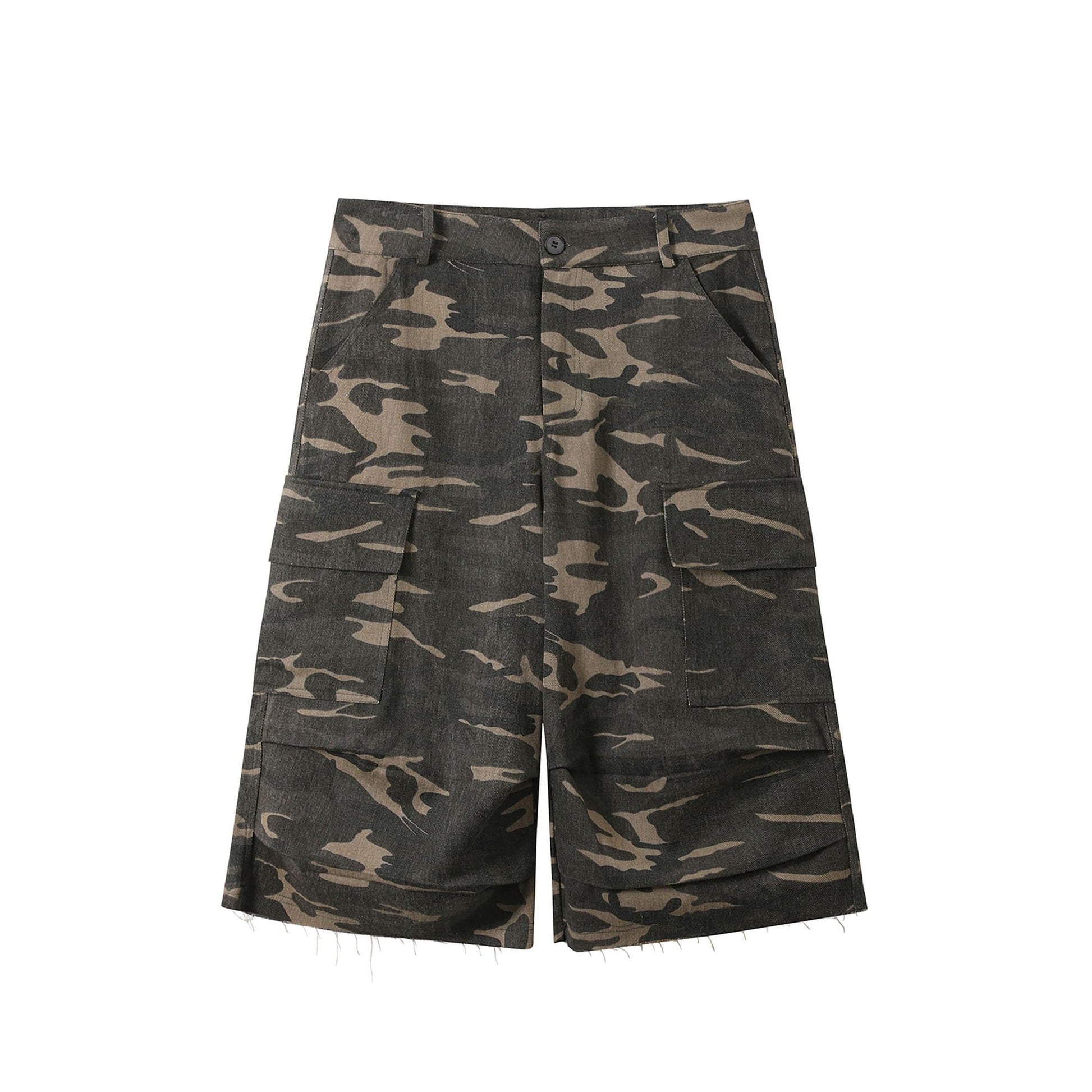 DONSMOKE Camo Multi-Pocket Raw-Edge Curved Shorts-Shorts-XS-Free Shipping Leatheretro