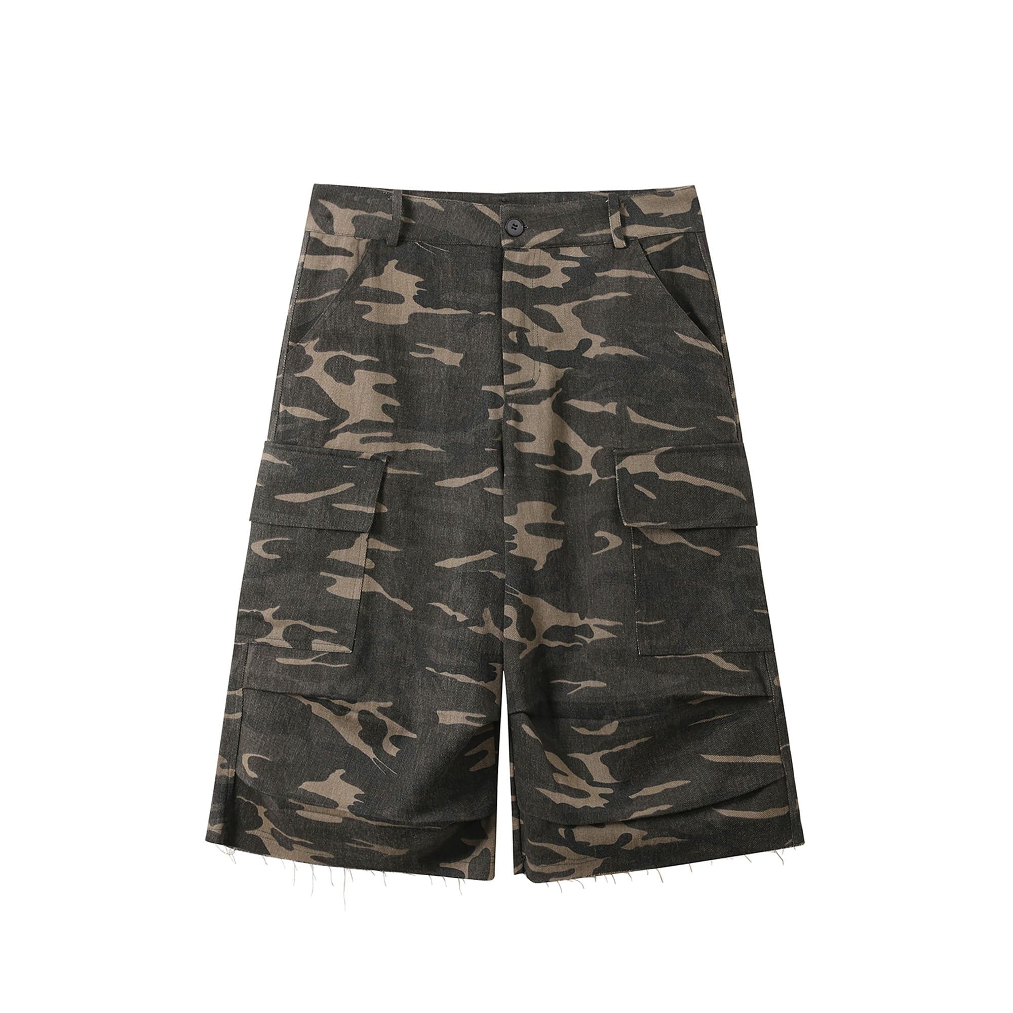DONSMOKE Camo Multi-Pocket Raw-Edge Curved Shorts-Shorts-XS-Free Shipping Leatheretro