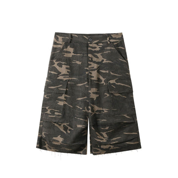 DONSMOKE Camo Multi-Pocket Raw-Edge Curved Shorts-Shorts-XS-Free Shipping Leatheretro
