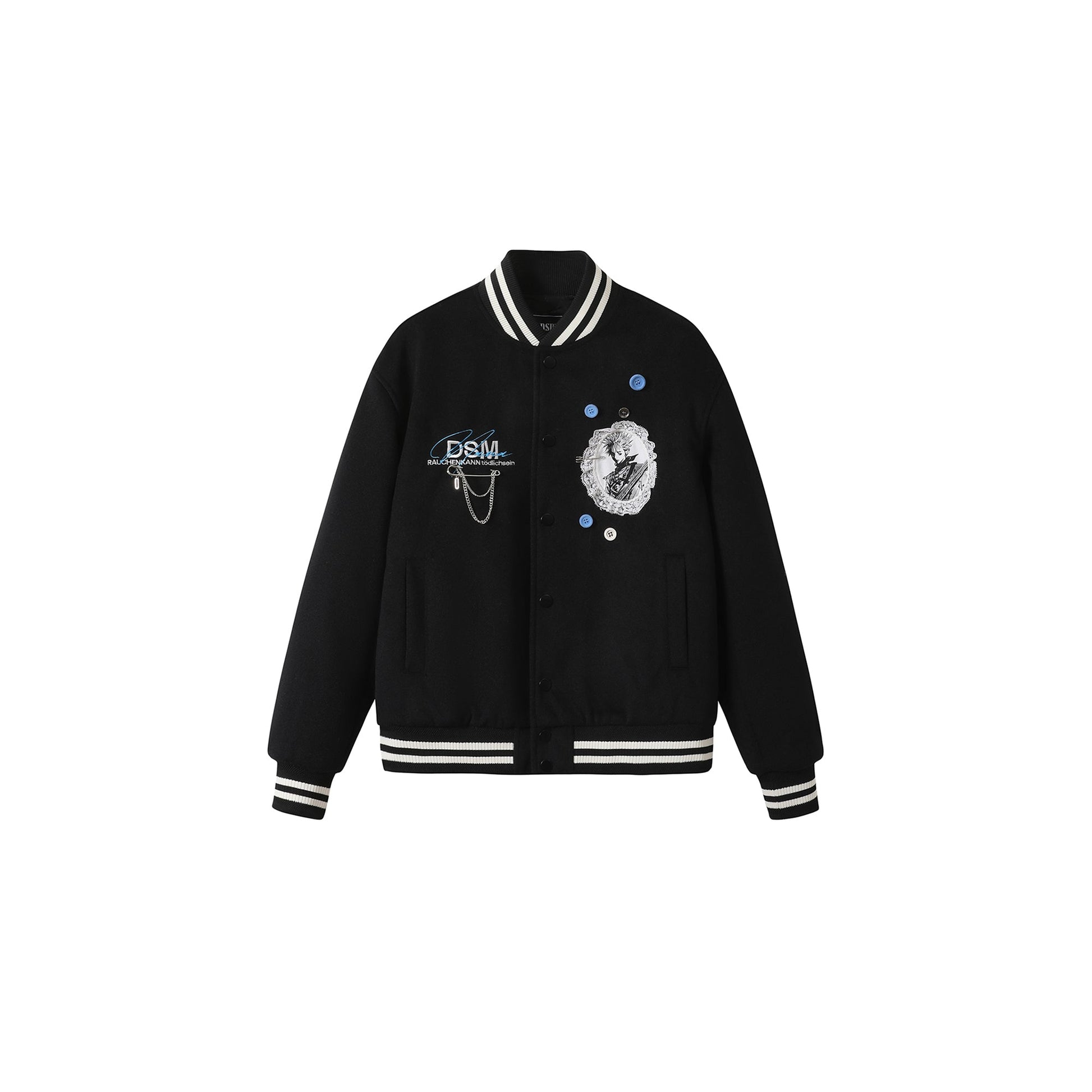 DONSMOKE Embellished Manga Patch Varsity Jacket-Jacket-S-Black-Free Shipping Leatheretro
