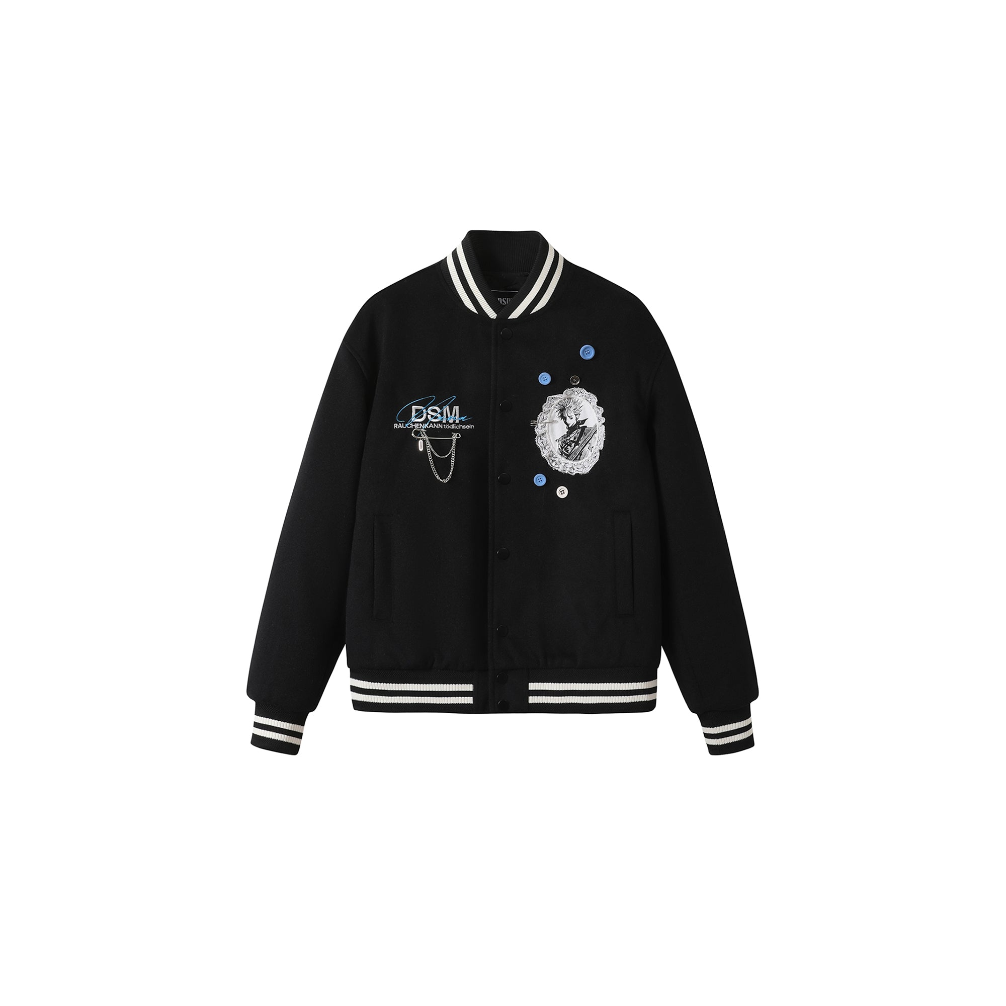 DONSMOKE Embellished Manga Patch Varsity Jacket-Jacket-S-Black-Free Shipping Leatheretro