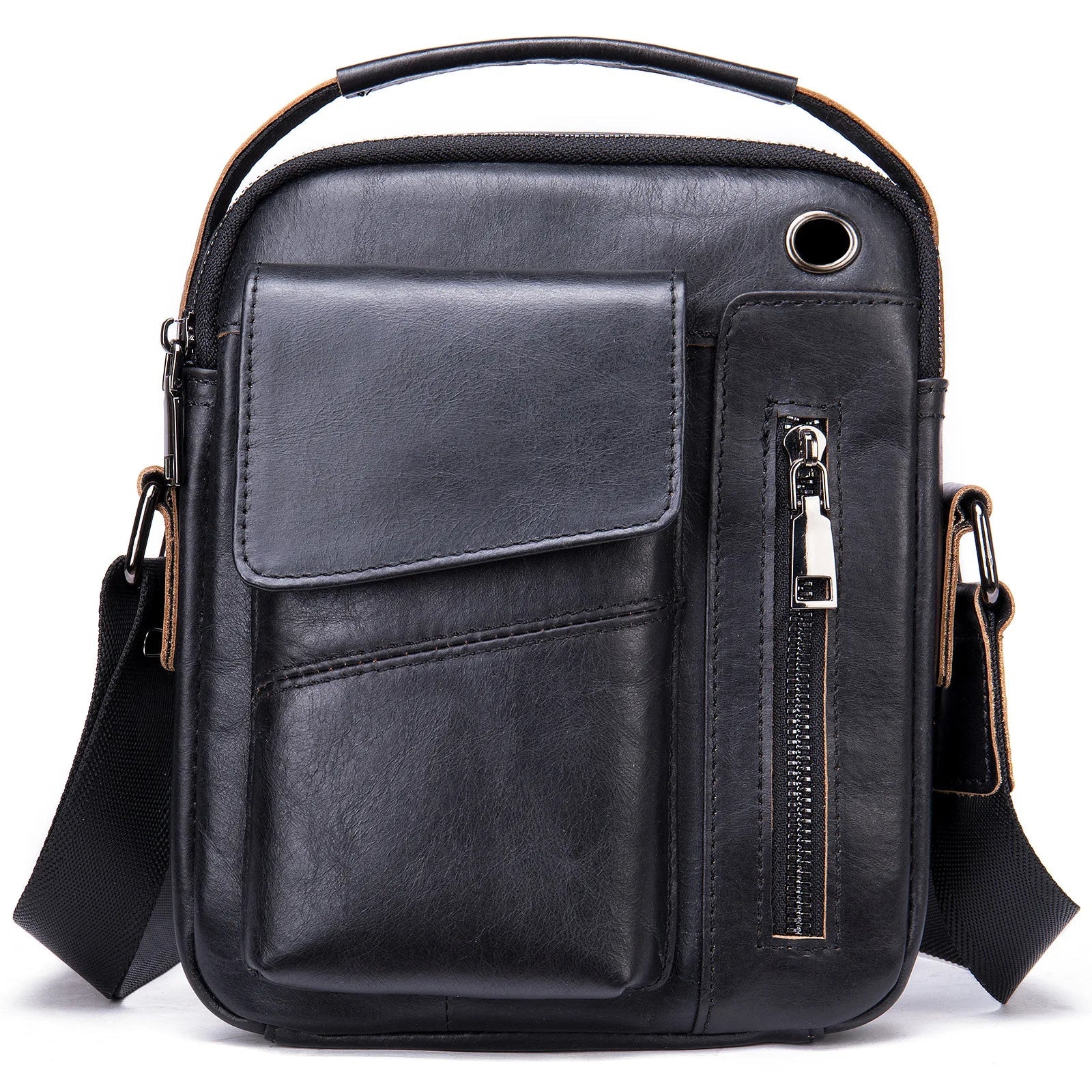 Men's Cowhide Casual Crossbody Bag - Large Capacity Leather Sling Bags-Crossbody Bag-7512Black-Free Shipping Leatheretro