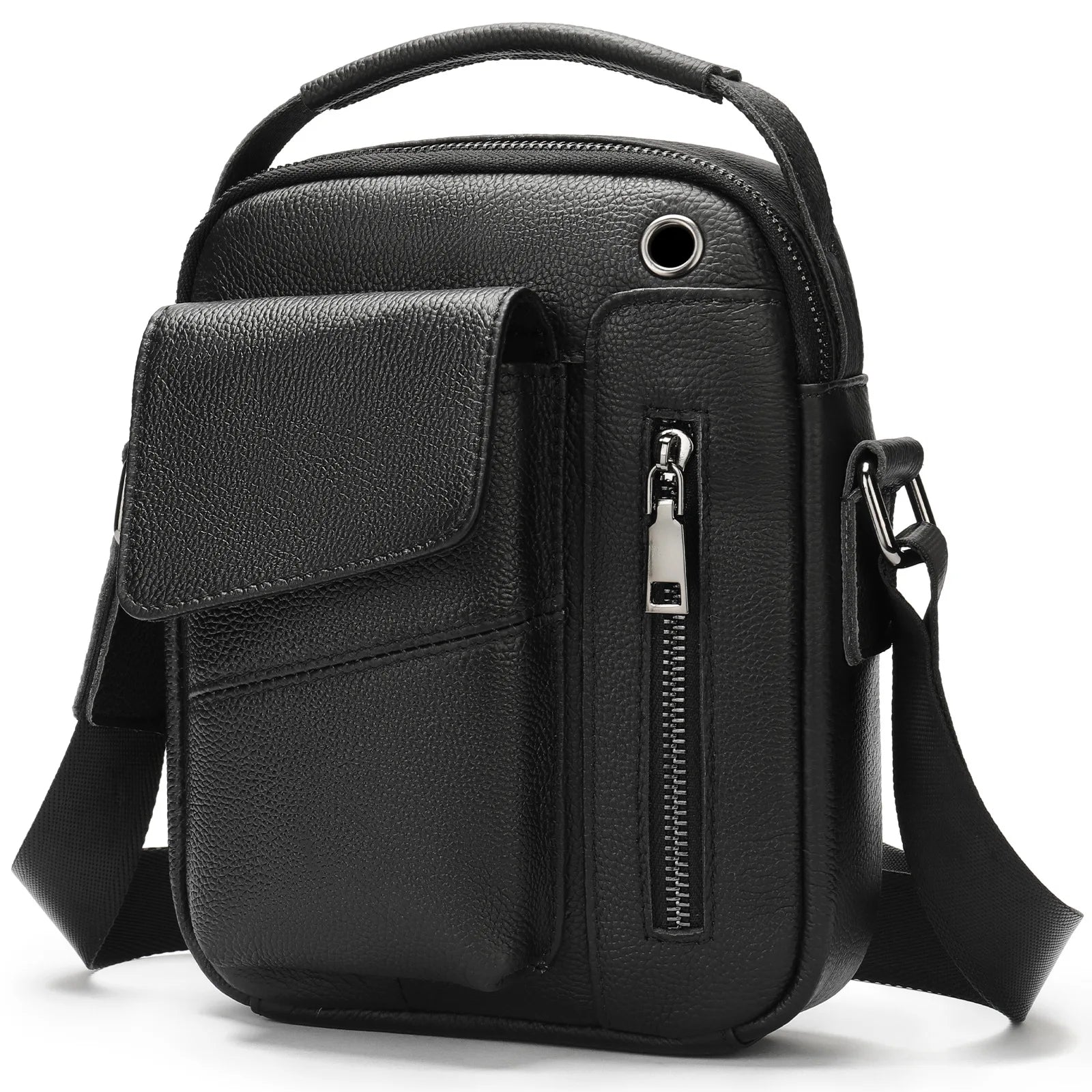 Men's Cowhide Casual Crossbody Bag - Large Capacity Leather Sling Bags-Crossbody Bag-7512Black(Litchi Pat)-Free Shipping Leatheretro