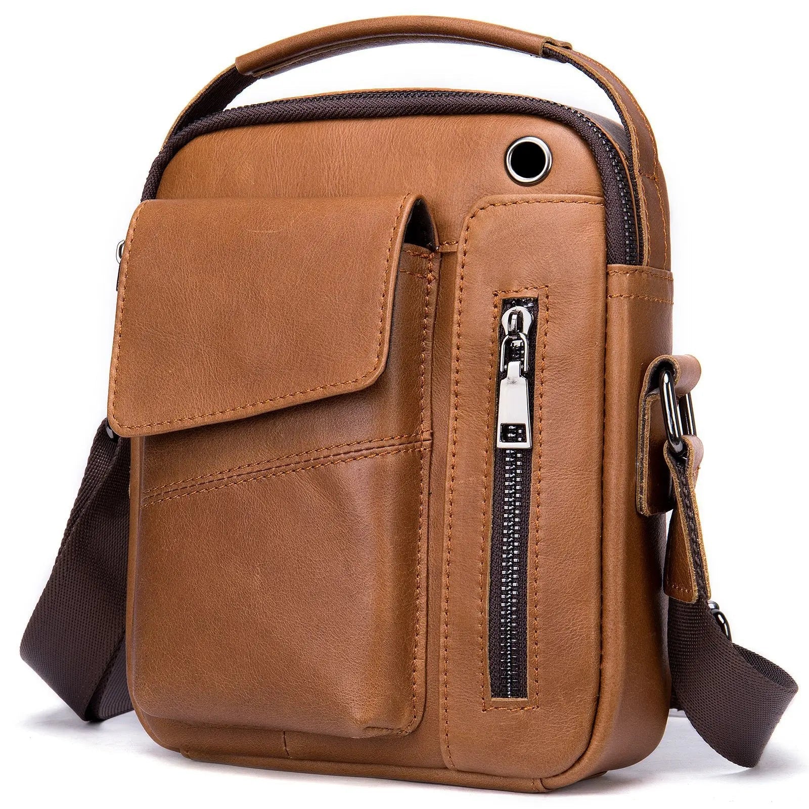 Men's Cowhide Casual Crossbody Bag - Large Capacity Leather Sling Bags-Crossbody Bag-7512Brown-Free Shipping Leatheretro