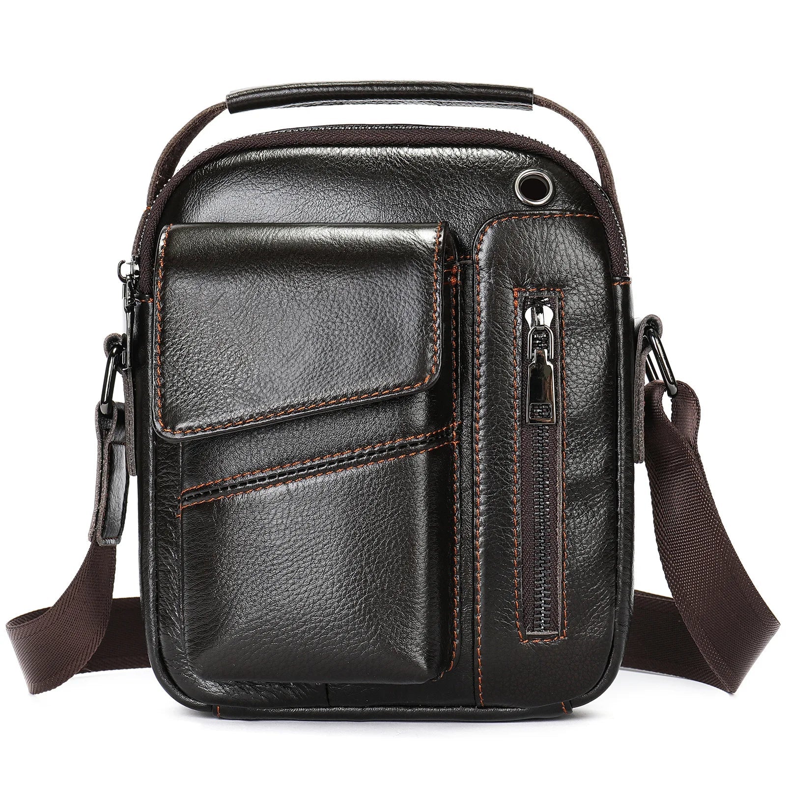 Men's Cowhide Casual Crossbody Bag - Large Capacity Leather Sling Bags-Crossbody Bag-7512Deep Coffee-Free Shipping Leatheretro