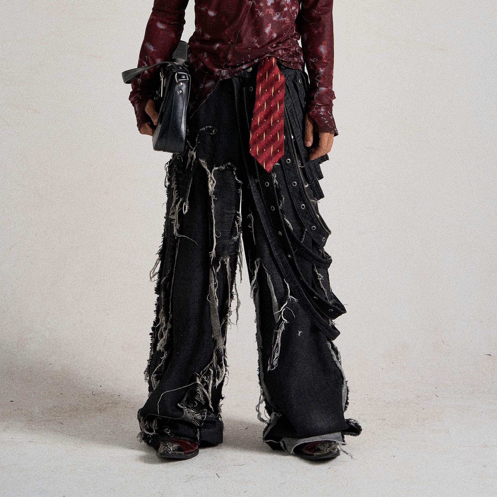 FLYERRER Heavily Frayed Layered Strap Jeans-Jeans-S-Free Shipping Leatheretro