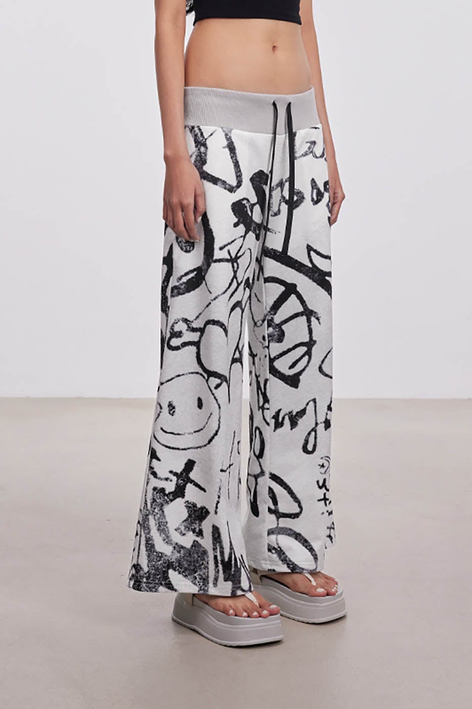 DAMAGE ASIA Doodle Full-Print Wide-Leg Pants-Pants-M-Free Shipping Leatheretro