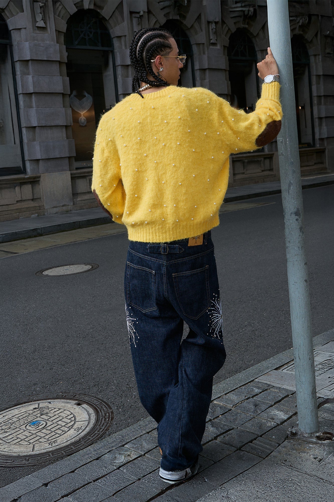 STEEPC Pearl-Studded Contrast Elbow Patch Cardigan-Sweater-S (1)-Yellow-Free Shipping Leatheretro