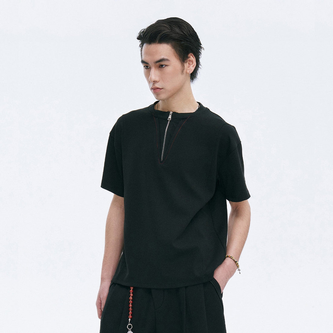 CATSSTAC Cross Spliced Dual-Zip T-Shirt-T Shirt-M-Black-Free Shipping Leatheretro