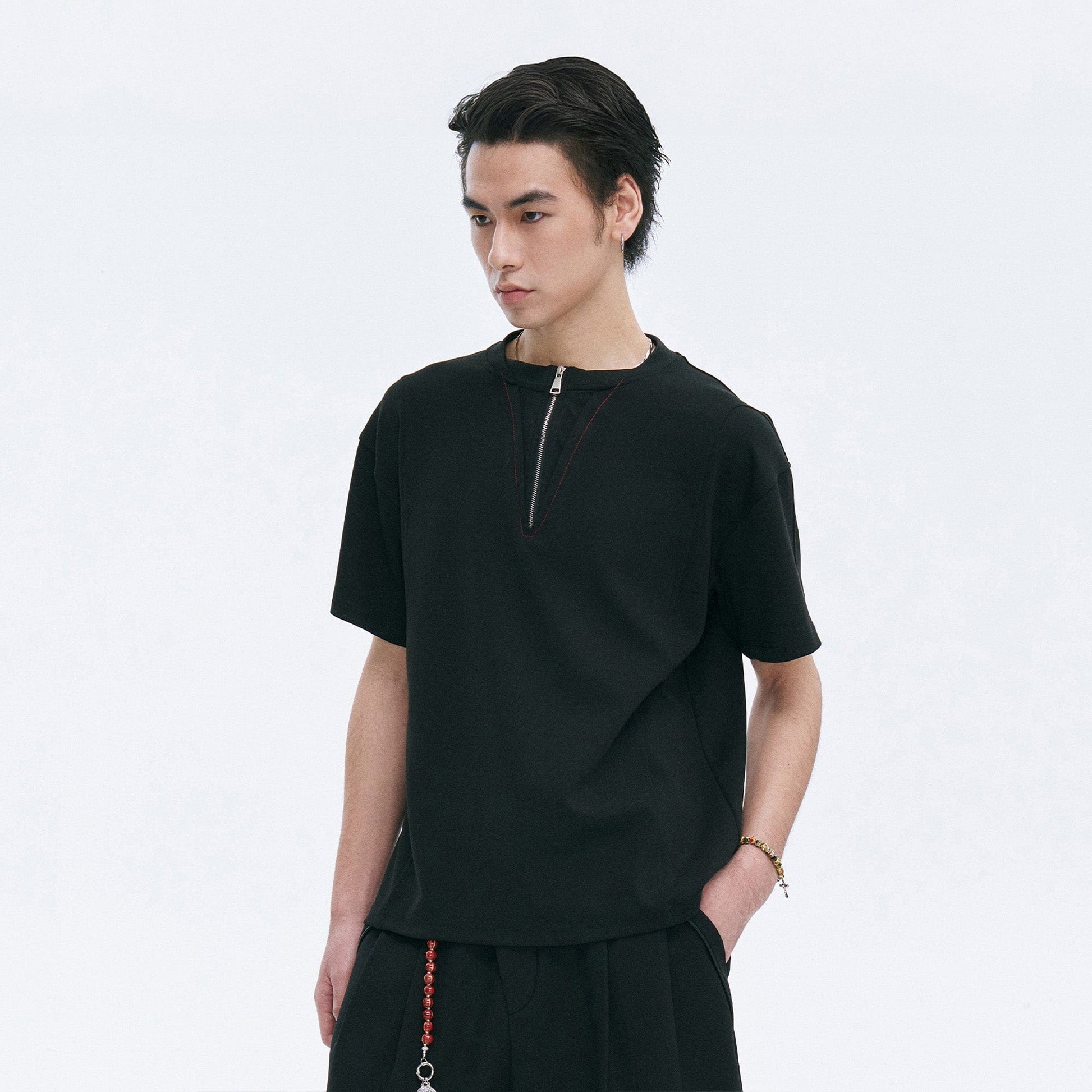 CATSSTAC Cross Spliced Dual-Zip T-Shirt-T Shirt-M-Black-Free Shipping Leatheretro