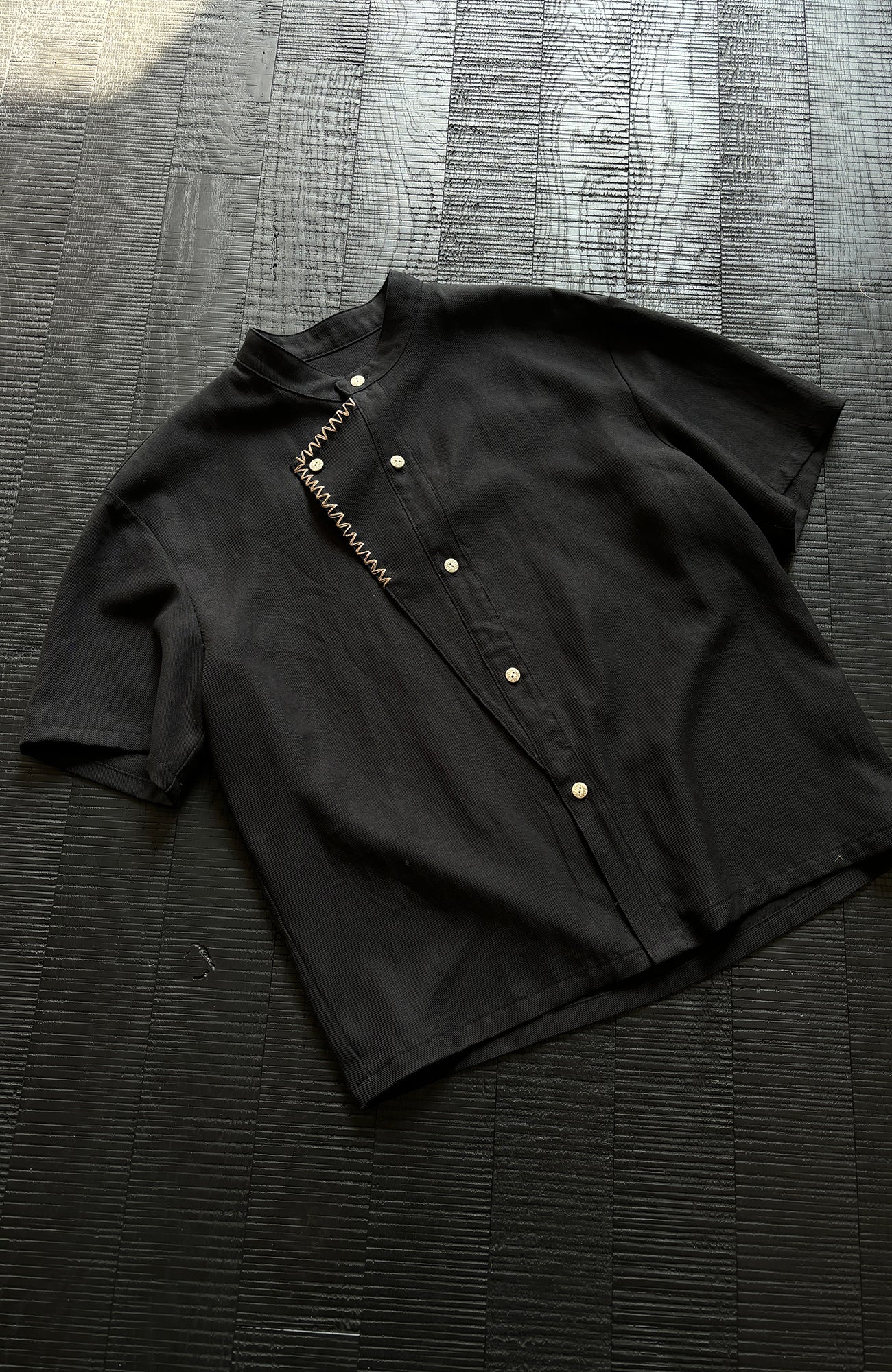 KREATE Stitched Faux-Placket Short Sleeve Shirt-Shirt-S-Black-Free Shipping Leatheretro