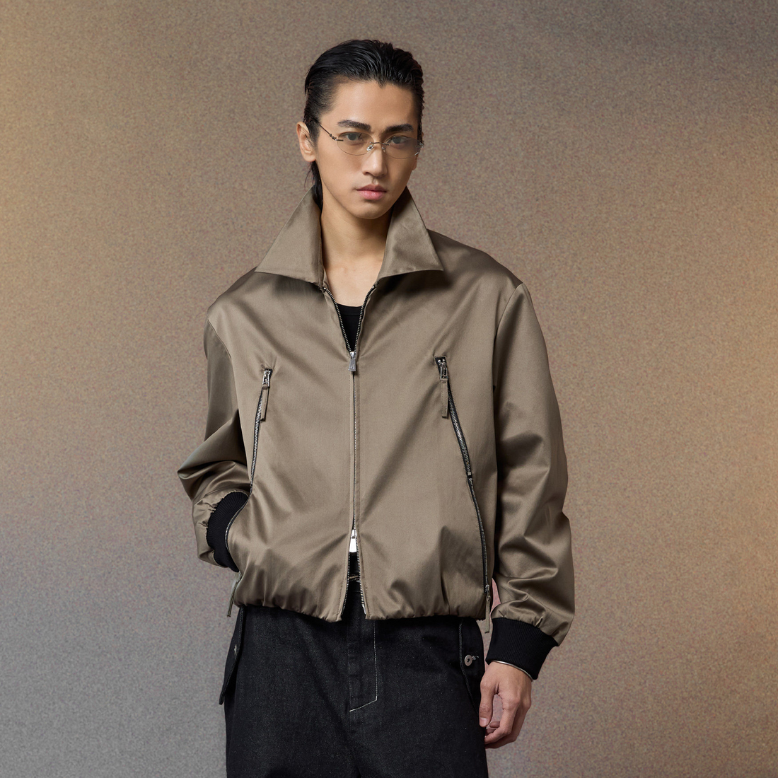 ALVNG AR ANTS Ruched-Sleeve Dual-Zips Bomber Jacket-Jacket-S-Free Shipping Leatheretro