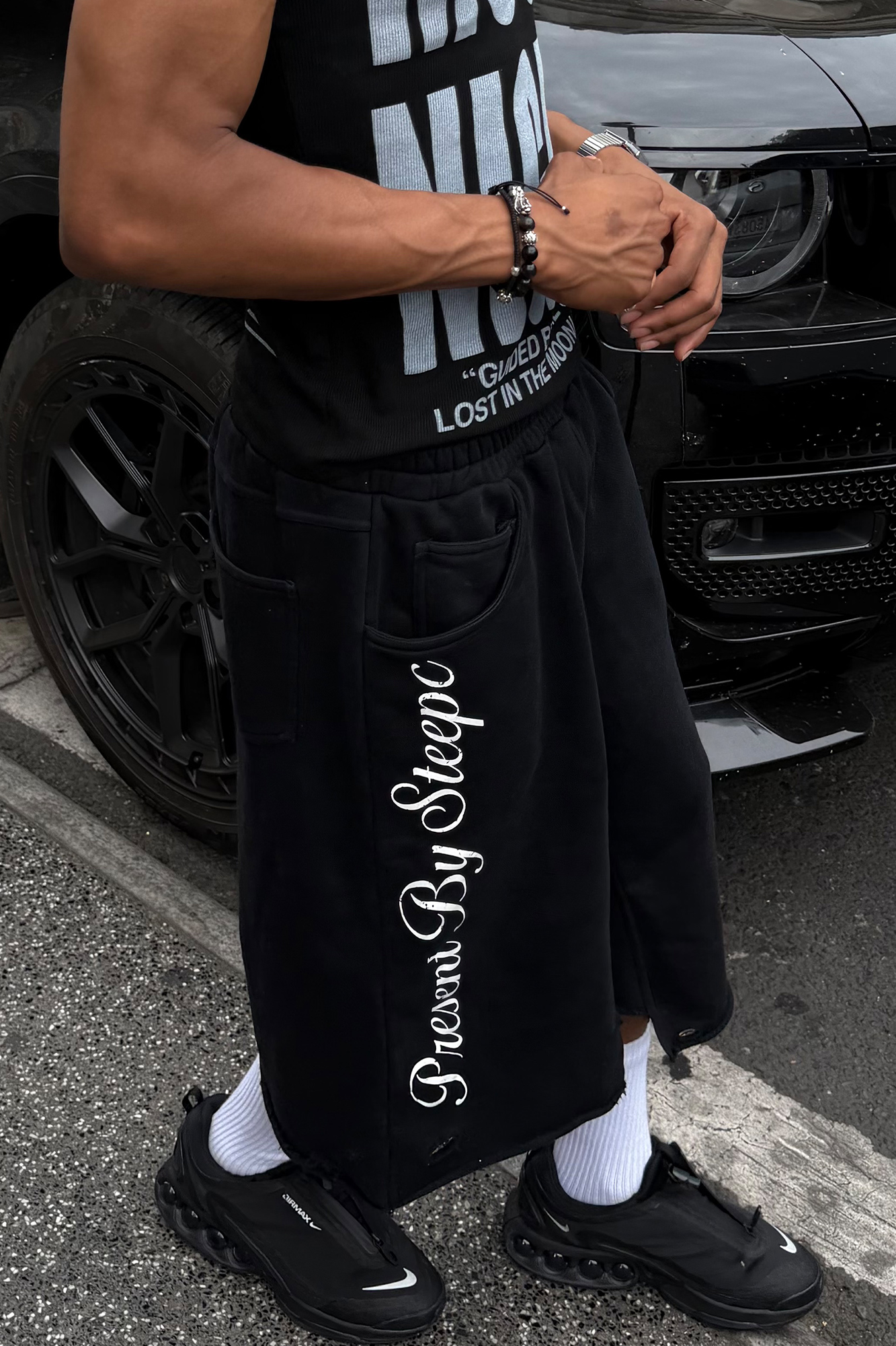 STEEPC Raw Edge Graphic Paneled Sweat Shorts-Shorts-S / 24“-Free Shipping Leatheretro