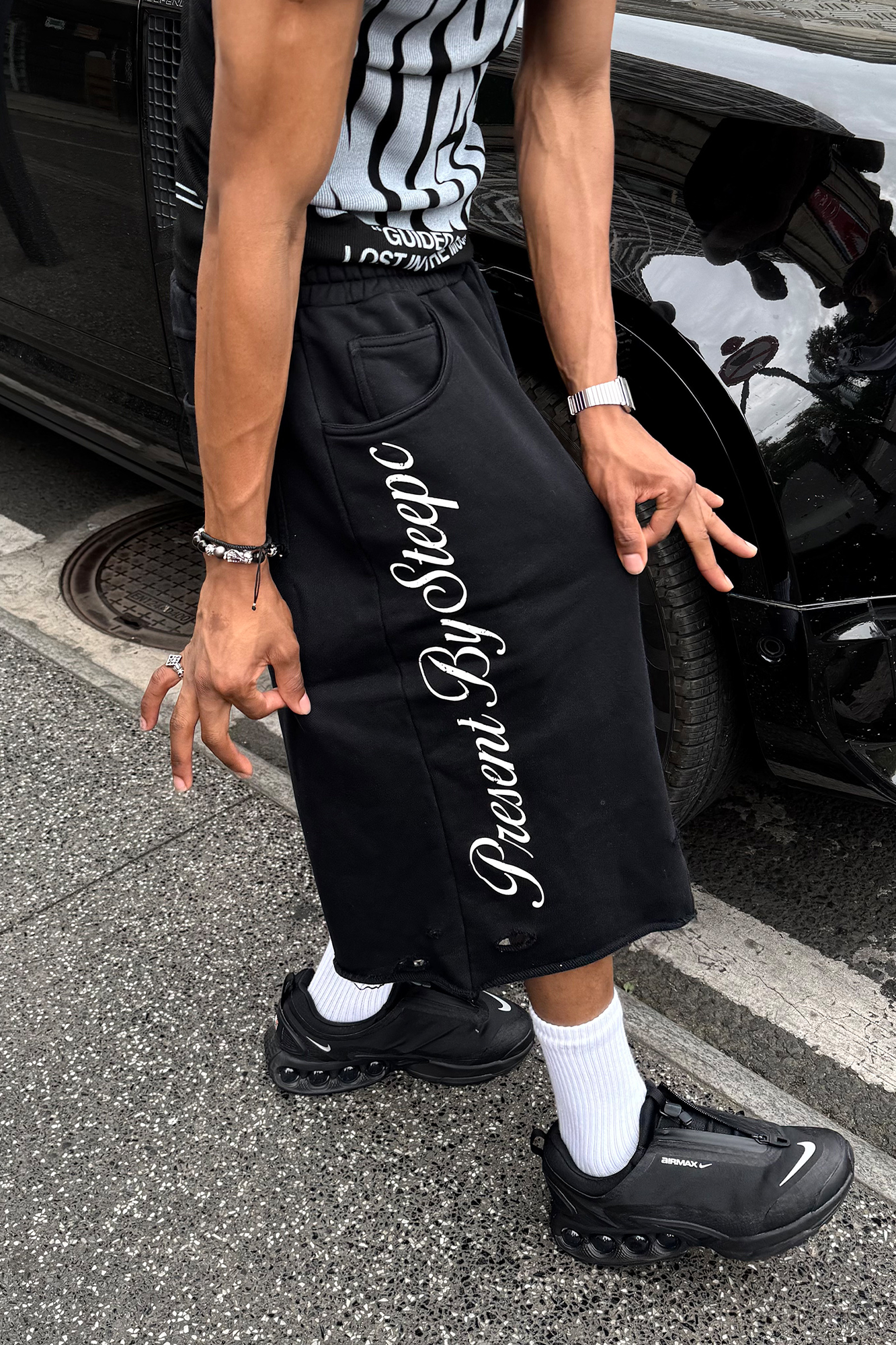 STEEPC Raw Edge Graphic Paneled Sweat Shorts-Shorts-S / 24“-Free Shipping Leatheretro