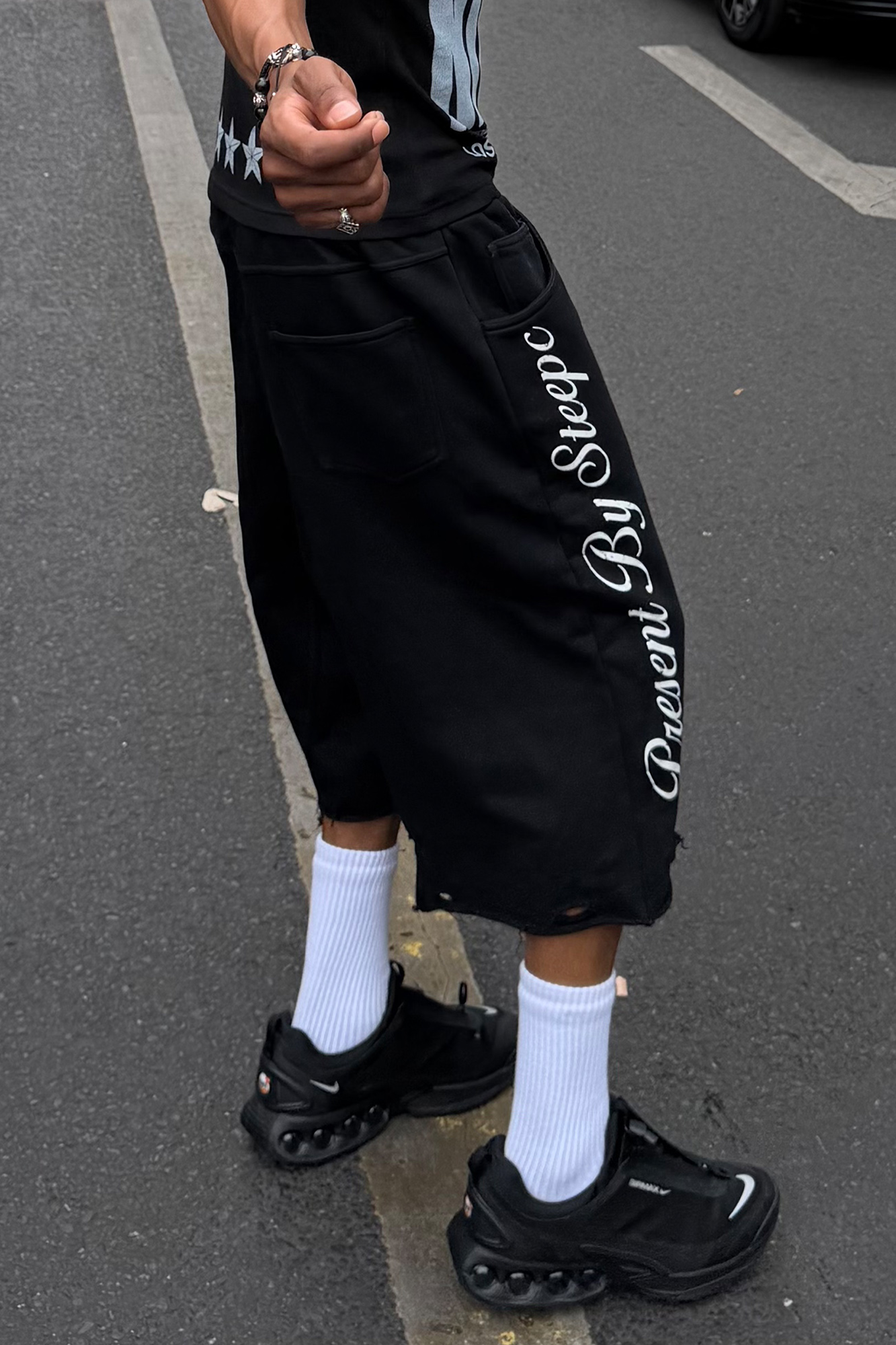 STEEPC Raw Edge Graphic Paneled Sweat Shorts-Shorts-S / 24“-Free Shipping Leatheretro