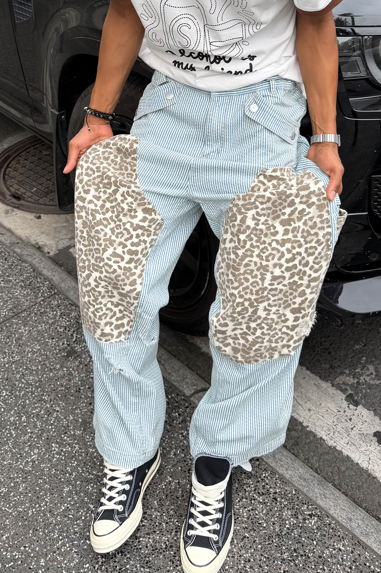 STEEPC Leopard Paneled Stripe Washed Jeans-Jeans-S / 28"-Free Shipping Leatheretro
