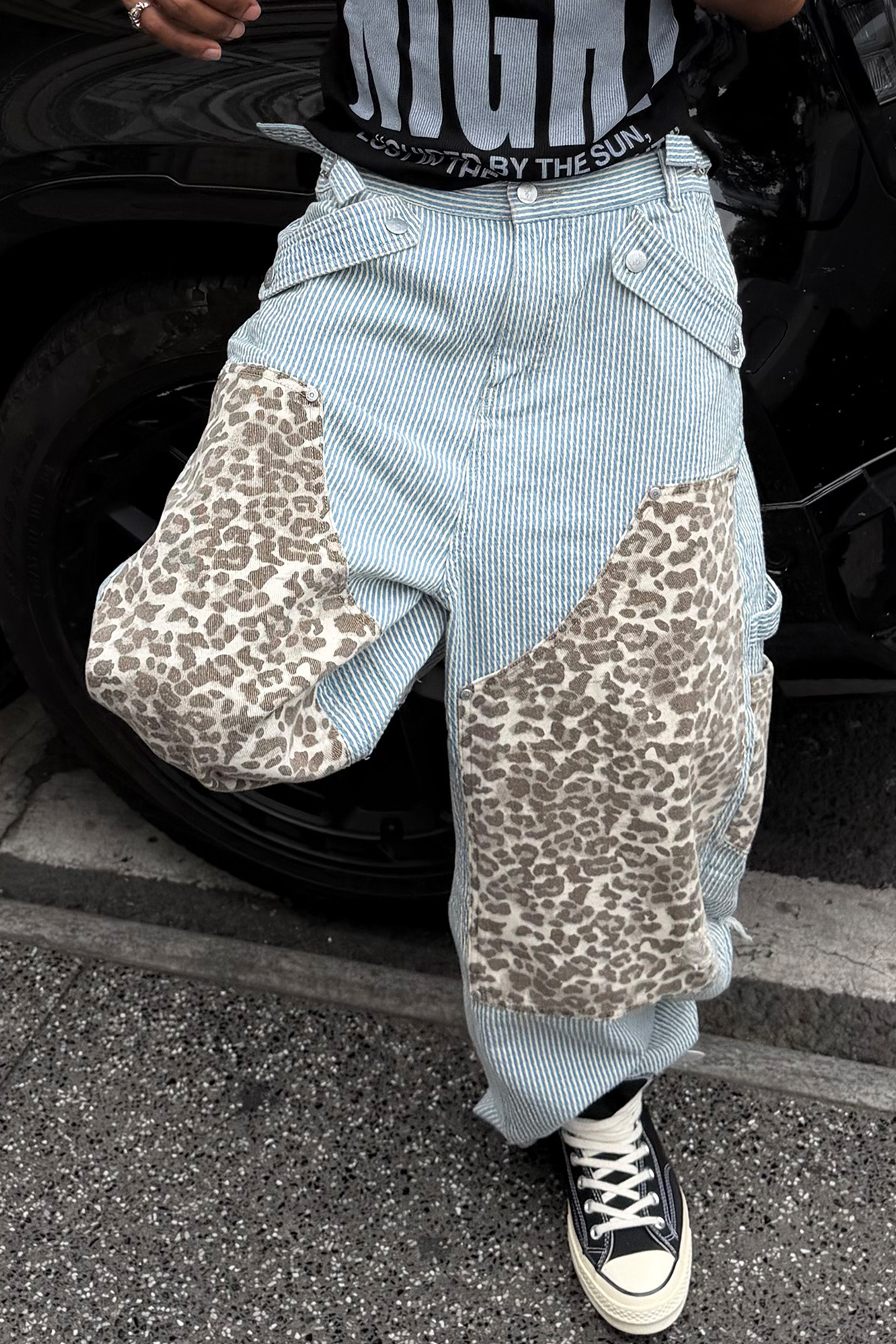 STEEPC Leopard Paneled Stripe Washed Jeans-Jeans-S / 28"-Free Shipping Leatheretro