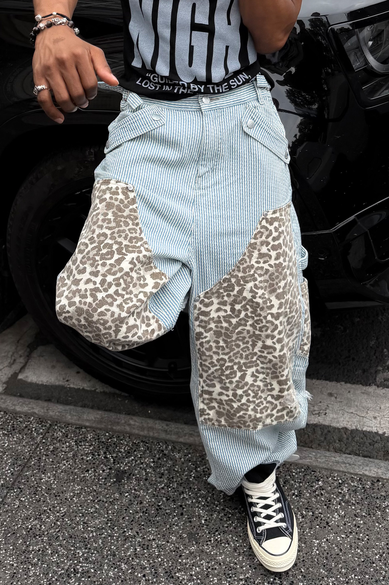 STEEPC Leopard Paneled Stripe Washed Jeans-Jeans-S / 28"-Free Shipping Leatheretro