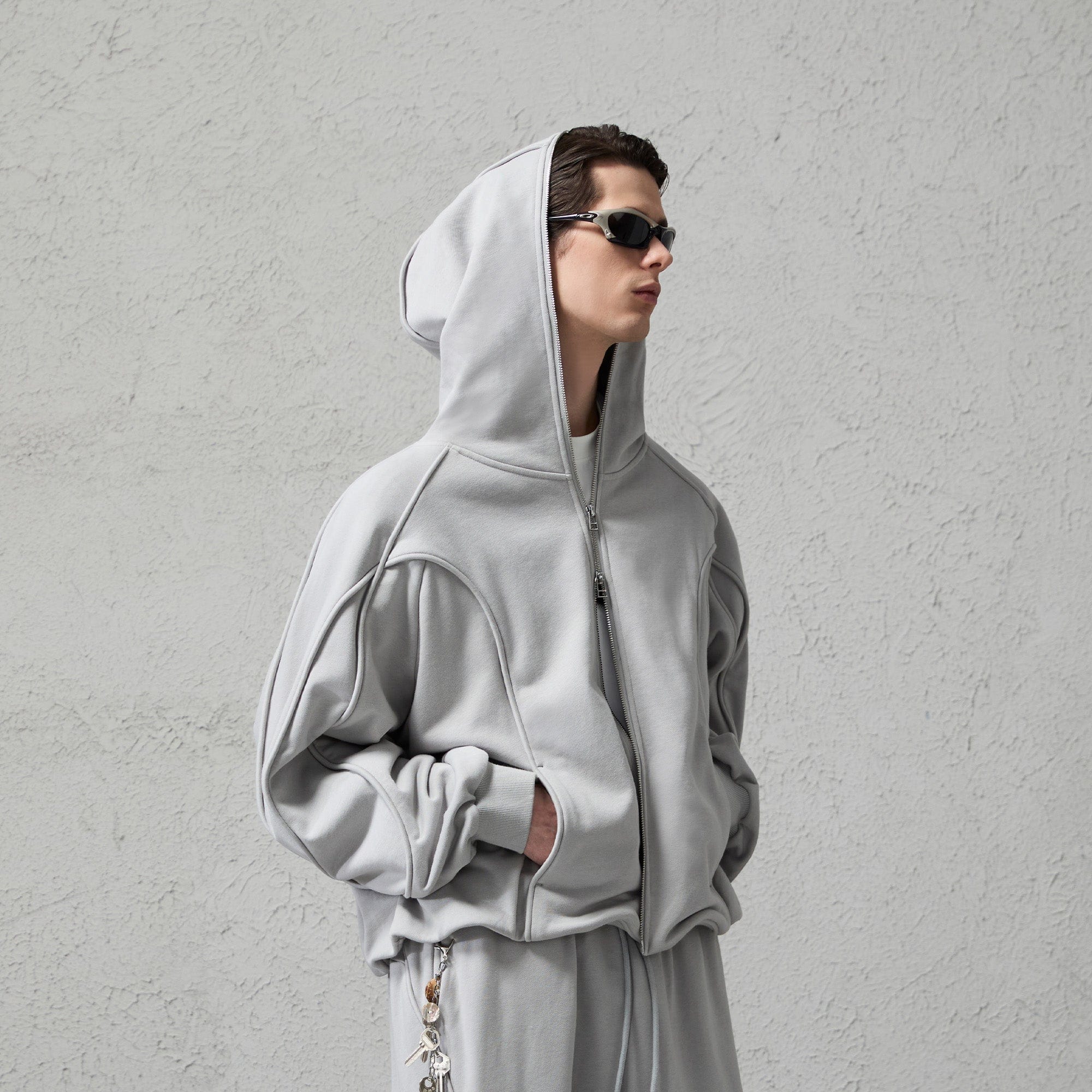 ORGANIC EMOTION Curved Panel Drawstring-Hem Zip-Up Hoodie-Jacket-Dark Blue-S-Free Shipping Leatheretro
