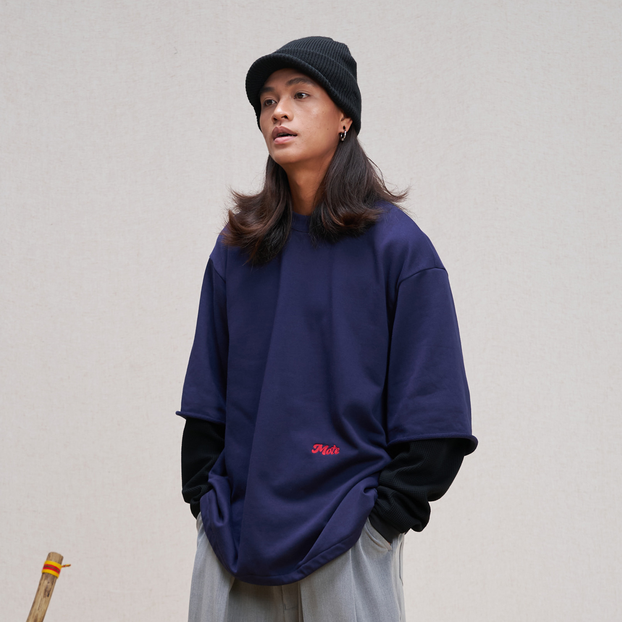 UNLIMITED MOTE Waffle Sleeve Layered Drawstring Hem Sweatshirt-Sweatshirt-XS-Dark Blue-Free Shipping Leatheretro