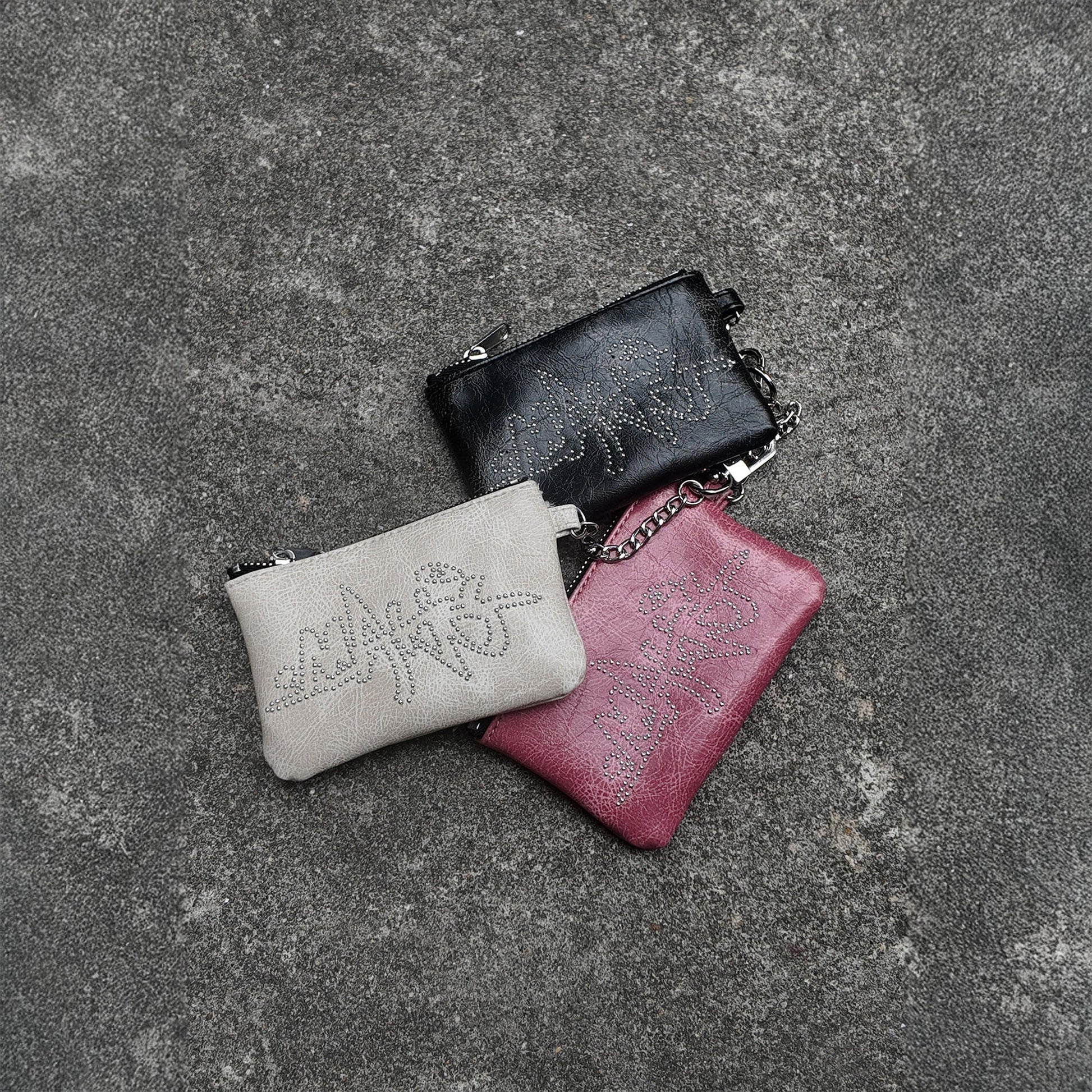MAKEMORE Cracked Faux Leather Studded Mini Pouch-Bag-Pink-Free Shipping Leatheretro
